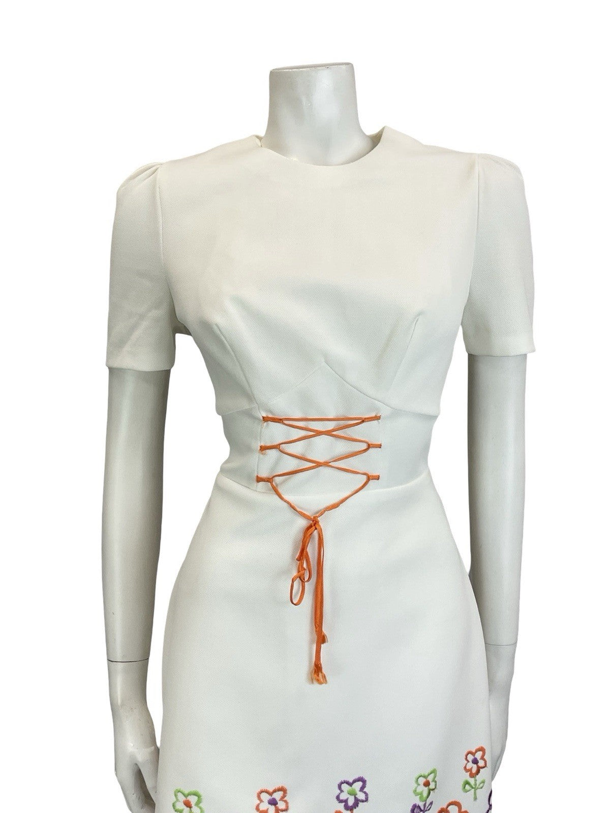 VTG 60S 70S WHITE ORANGE PURPLE GREEN FLORAL LACE UP RIC RAC MINI DRESS 12 14 M