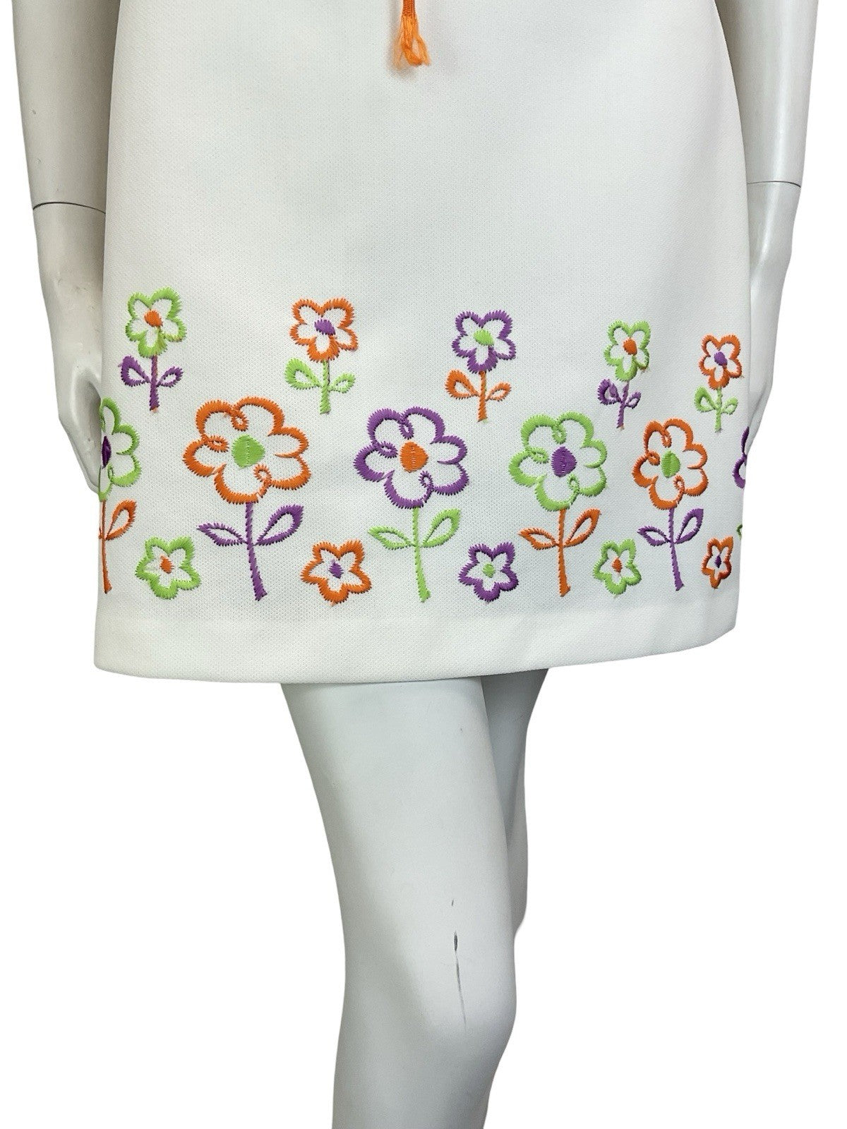 VTG 60S 70S WHITE ORANGE PURPLE GREEN FLORAL LACE UP RIC RAC MINI DRESS 12 14 M