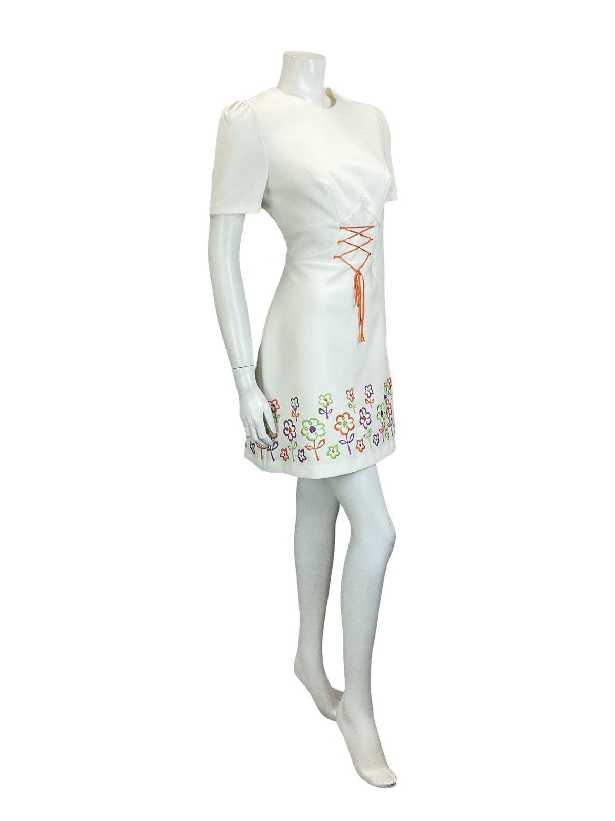 VTG 60S 70S WHITE ORANGE PURPLE GREEN FLORAL LACE UP RIC RAC MINI DRESS 12 14 M