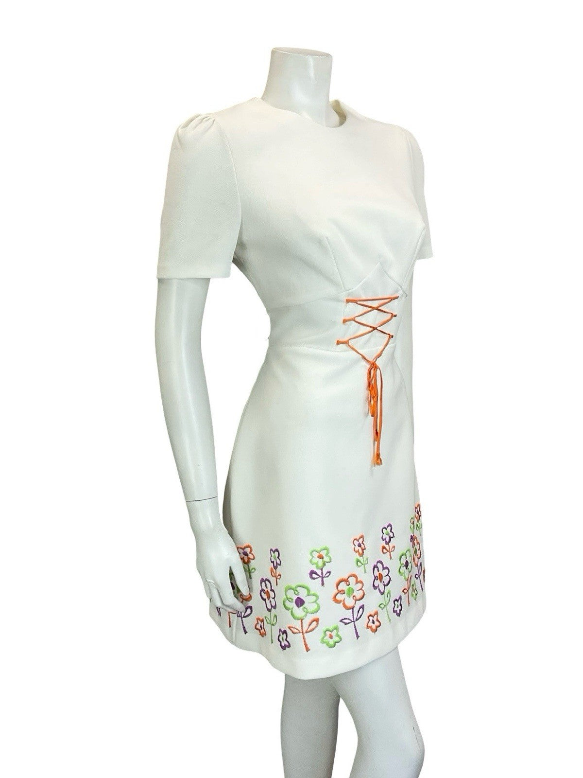 VTG 60S 70S WHITE ORANGE PURPLE GREEN FLORAL LACE UP RIC RAC MINI DRESS 12 14 M