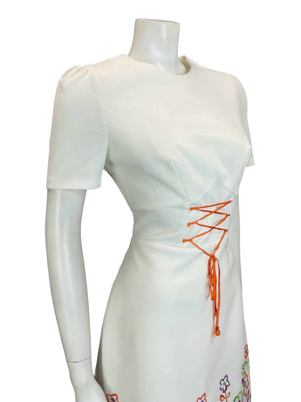 VTG 60S 70S WHITE ORANGE PURPLE GREEN FLORAL LACE UP RIC RAC MINI DRESS 12 14 M