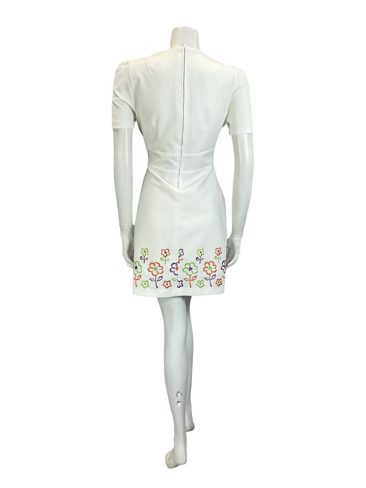 VTG 60S 70S WHITE ORANGE PURPLE GREEN FLORAL LACE UP RIC RAC MINI DRESS 12 14 M