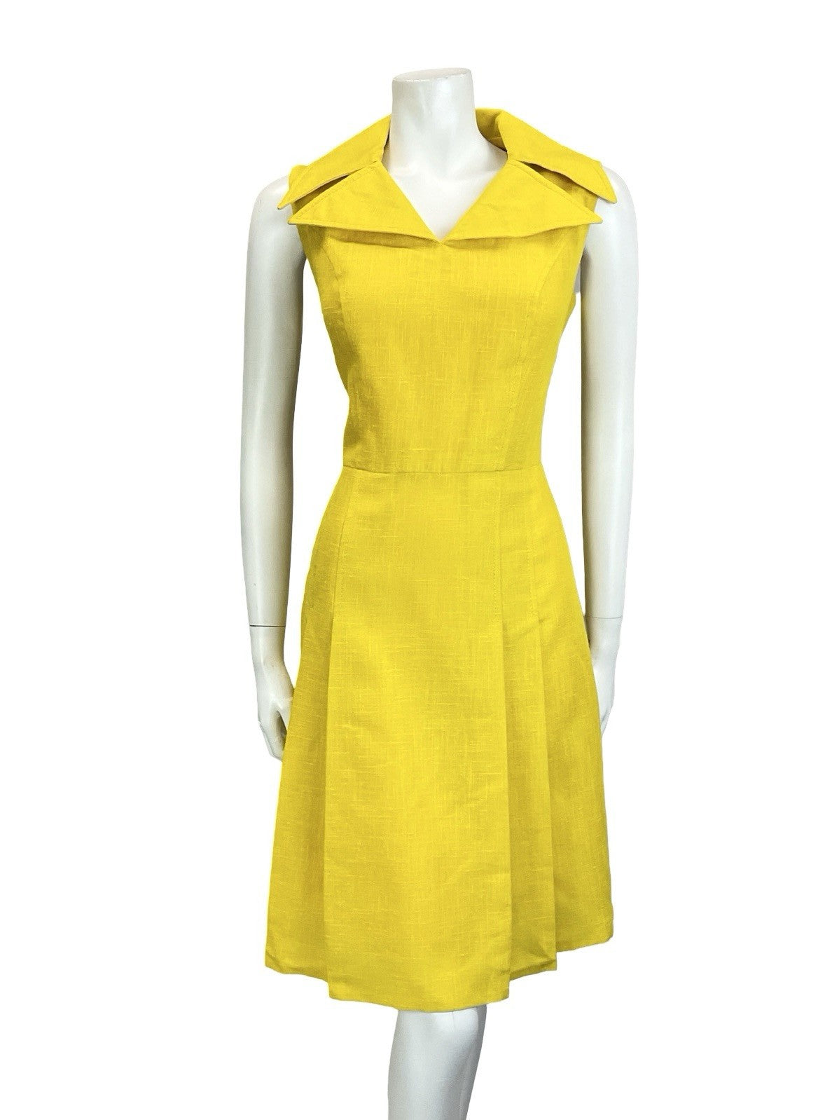 VTG 60S 70S MOD BRIGHT YELLOW WING NOTCH LAPEL PLEATED SHIRT MINI DRESS 12