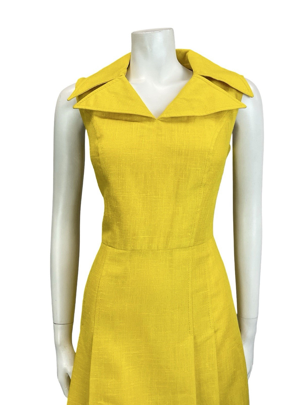 VTG 60S 70S MOD BRIGHT YELLOW WING NOTCH LAPEL PLEATED SHIRT MINI DRESS 12
