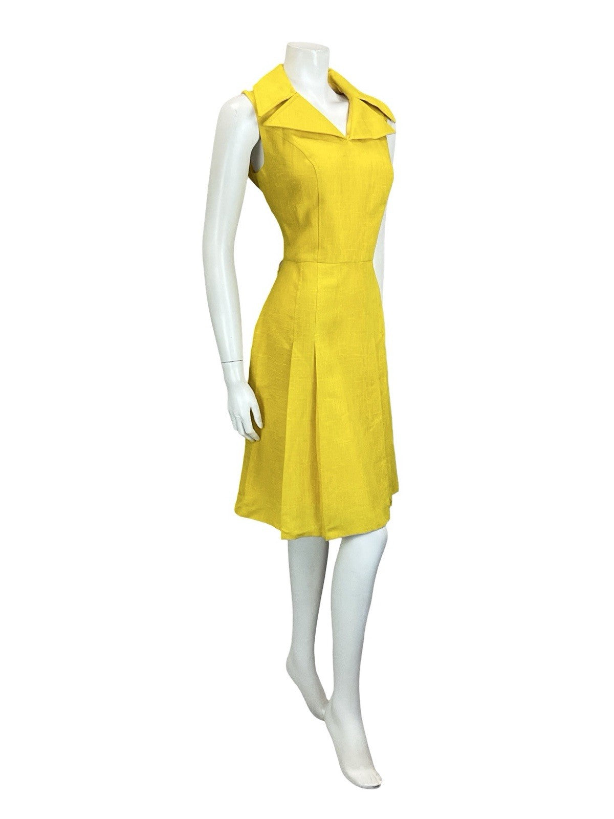VTG 60S 70S MOD BRIGHT YELLOW WING NOTCH LAPEL PLEATED SHIRT MINI DRESS 12