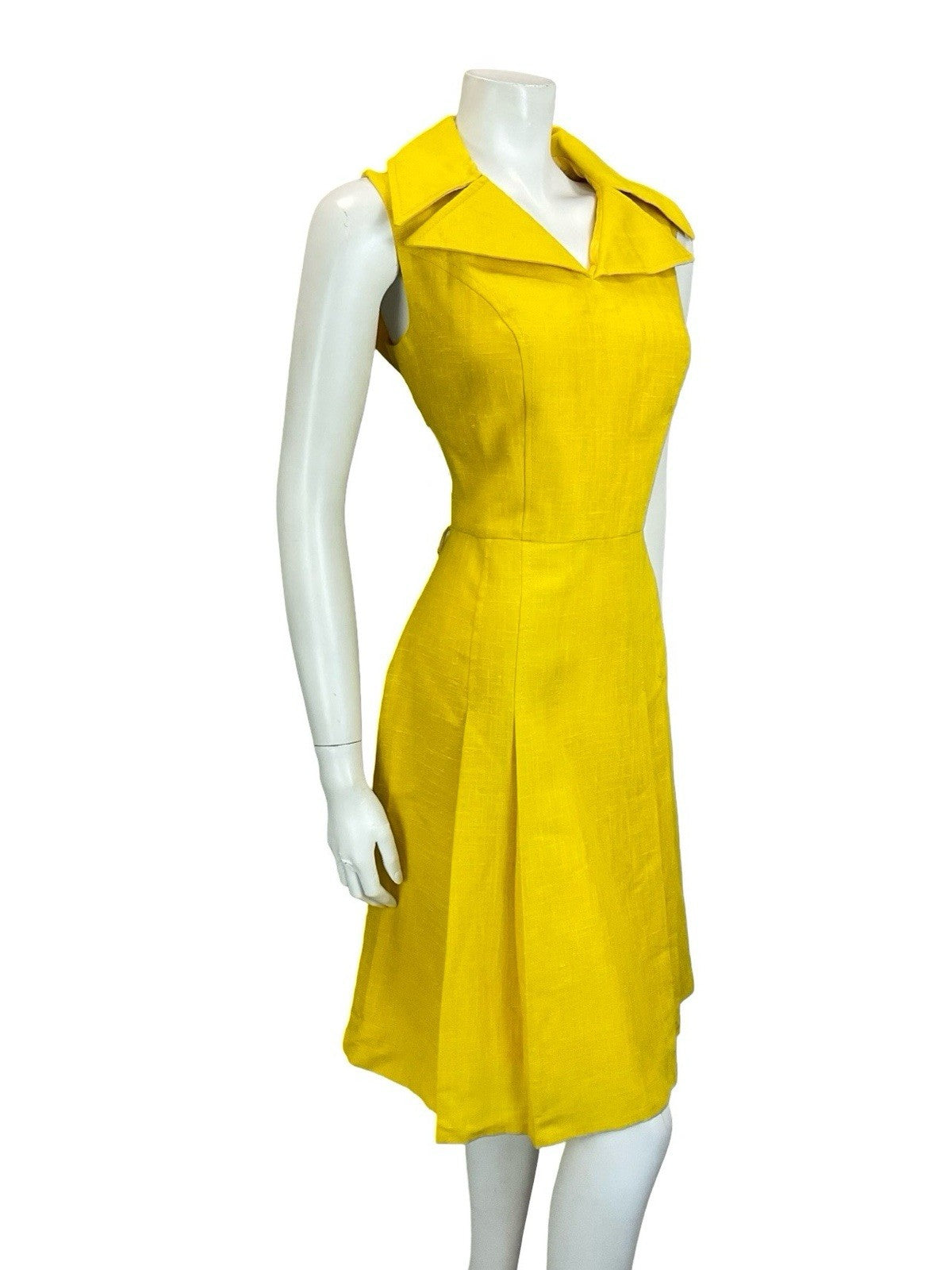 VTG 60S 70S MOD BRIGHT YELLOW WING NOTCH LAPEL PLEATED SHIRT MINI DRESS 12