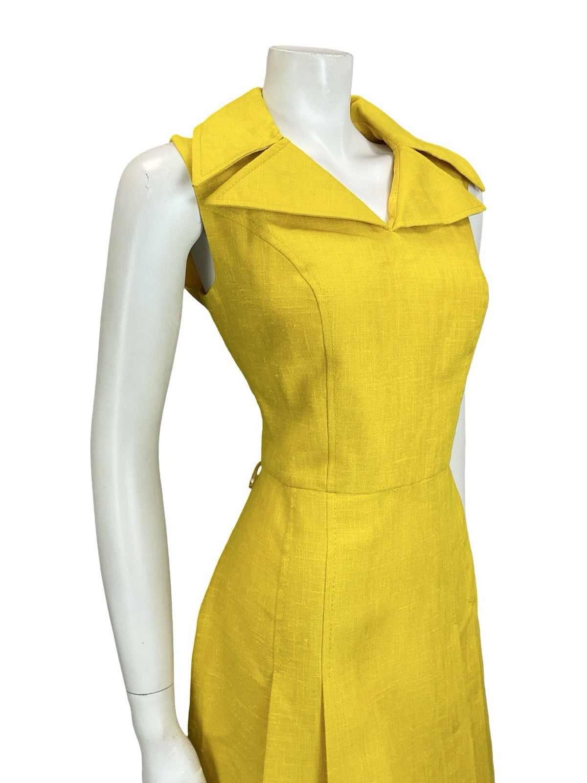 VTG 60S 70S MOD BRIGHT YELLOW WING NOTCH LAPEL PLEATED SHIRT MINI DRESS 12