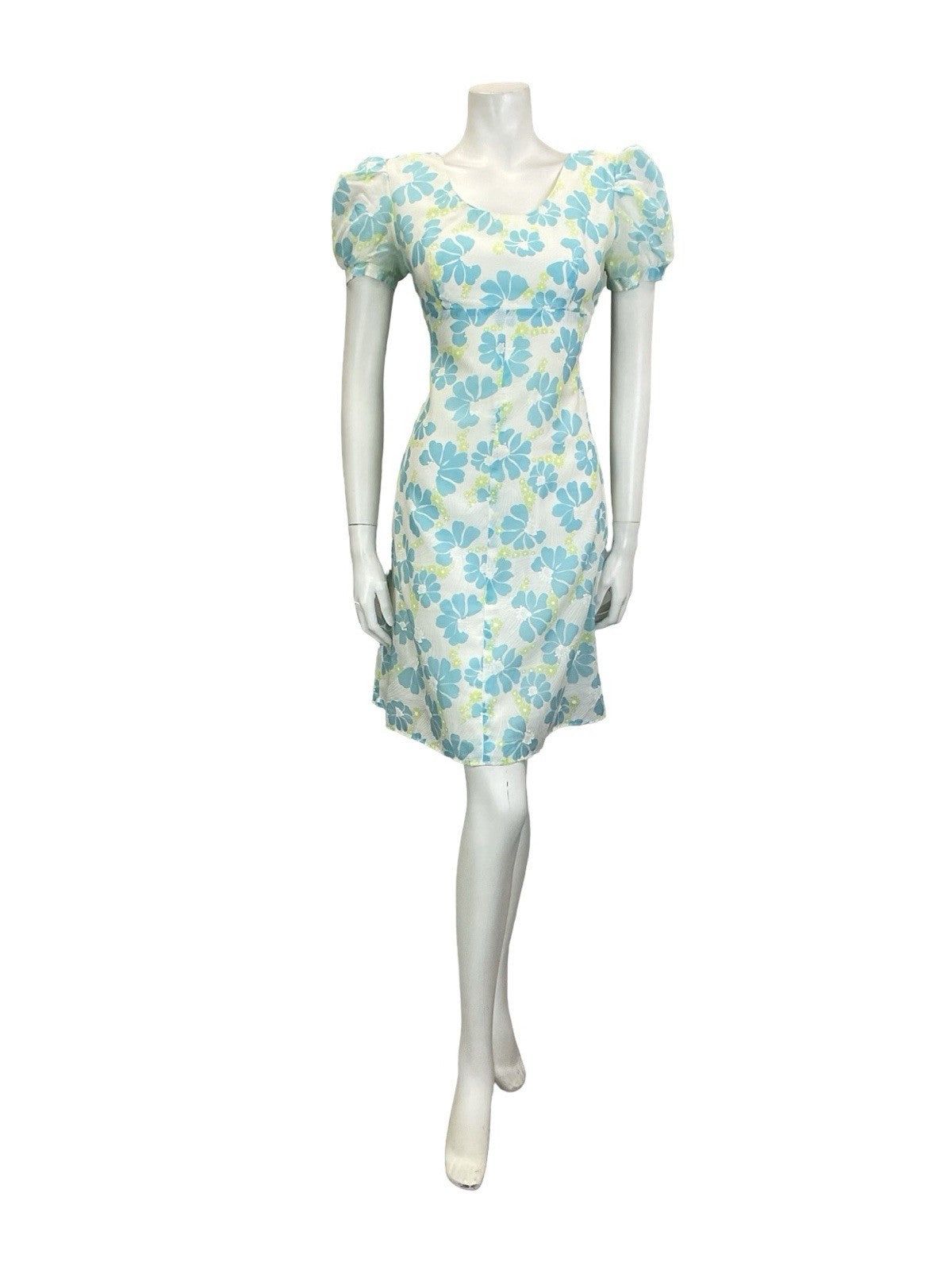 VTG 60S 70S WHITE BLUE GREEN FLORAL PUFF SLEEVE EMPIRE MESH DRESS 8