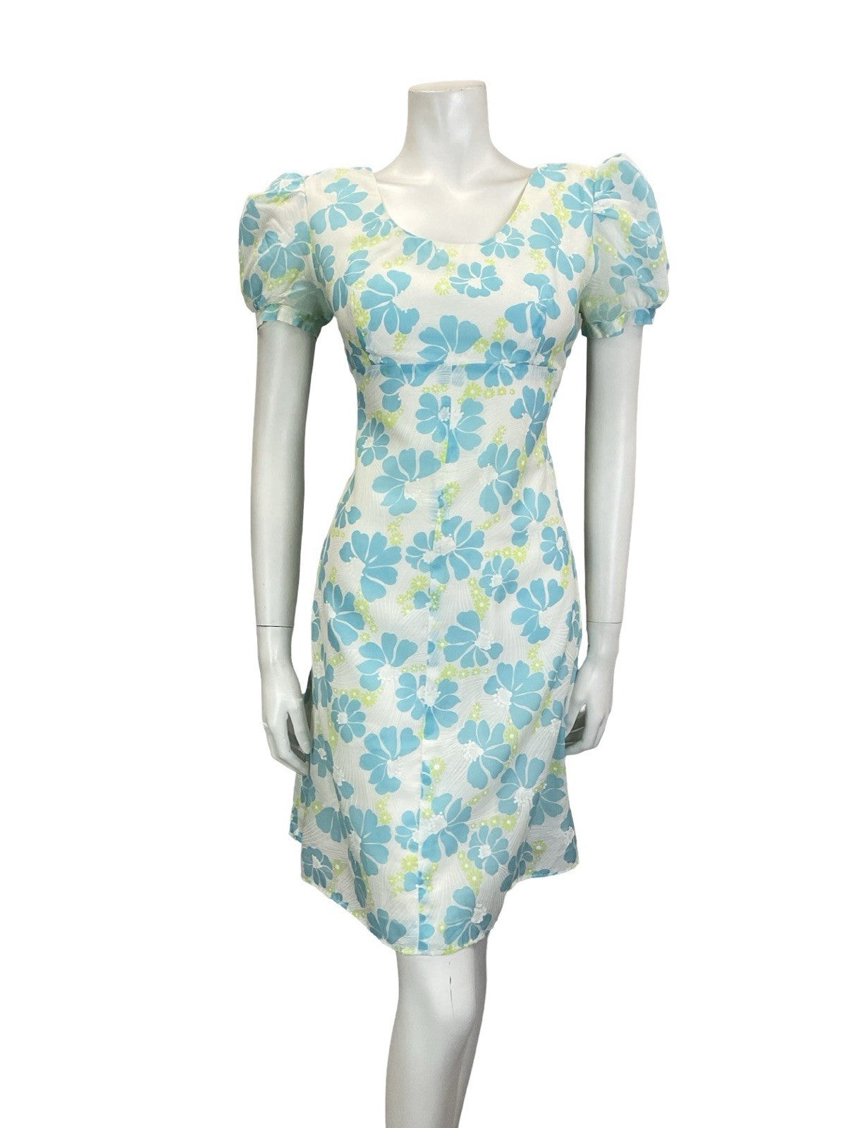 VTG 60S 70S WHITE BLUE GREEN FLORAL PUFF SLEEVE EMPIRE MESH DRESS 8