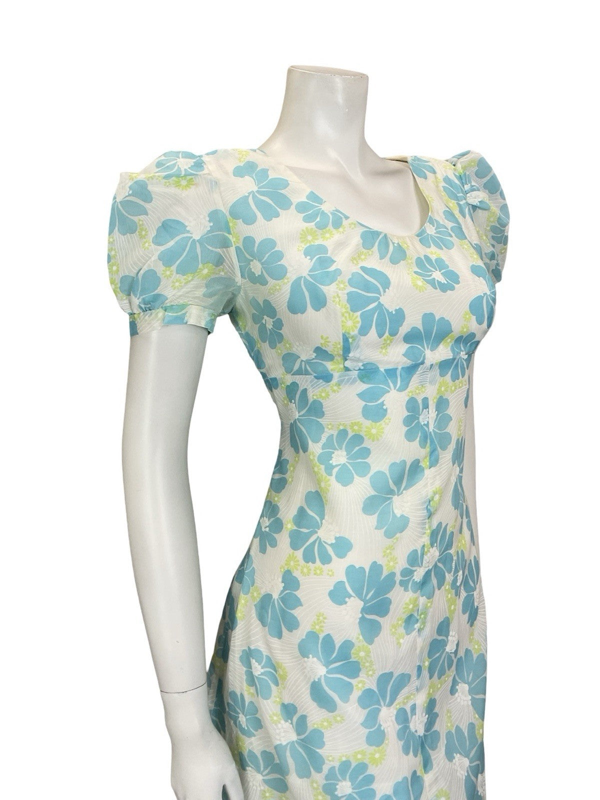 VTG 60S 70S WHITE BLUE GREEN FLORAL PUFF SLEEVE EMPIRE MESH DRESS 8