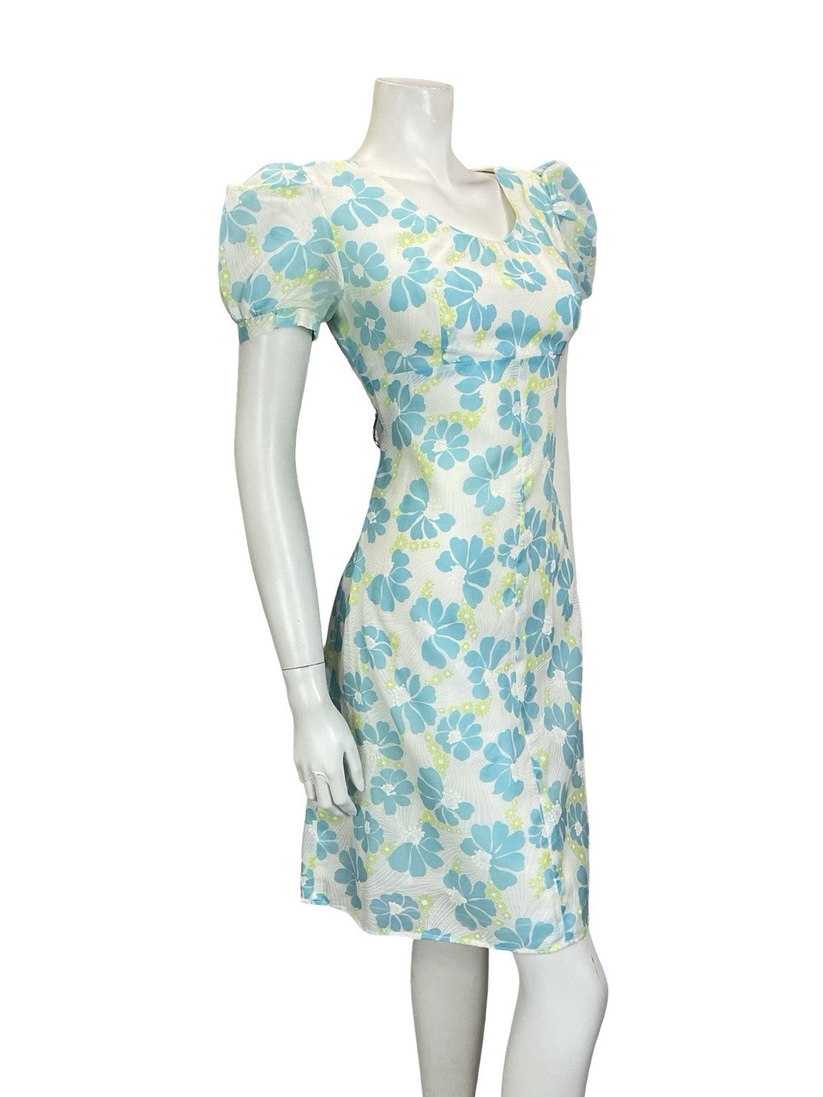 VTG 60S 70S WHITE BLUE GREEN FLORAL PUFF SLEEVE EMPIRE MESH DRESS 8