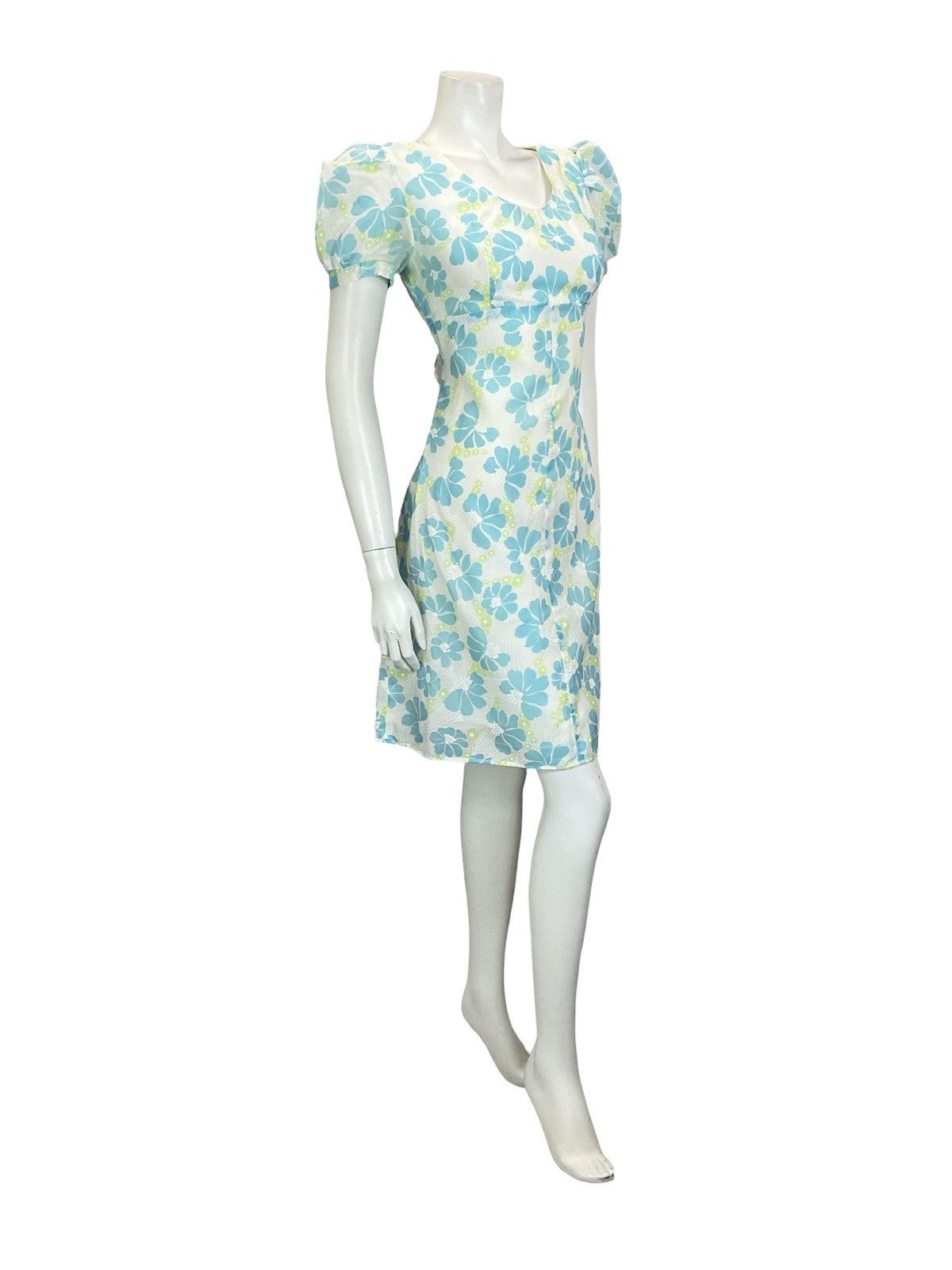VTG 60S 70S WHITE BLUE GREEN FLORAL PUFF SLEEVE EMPIRE MESH DRESS 8