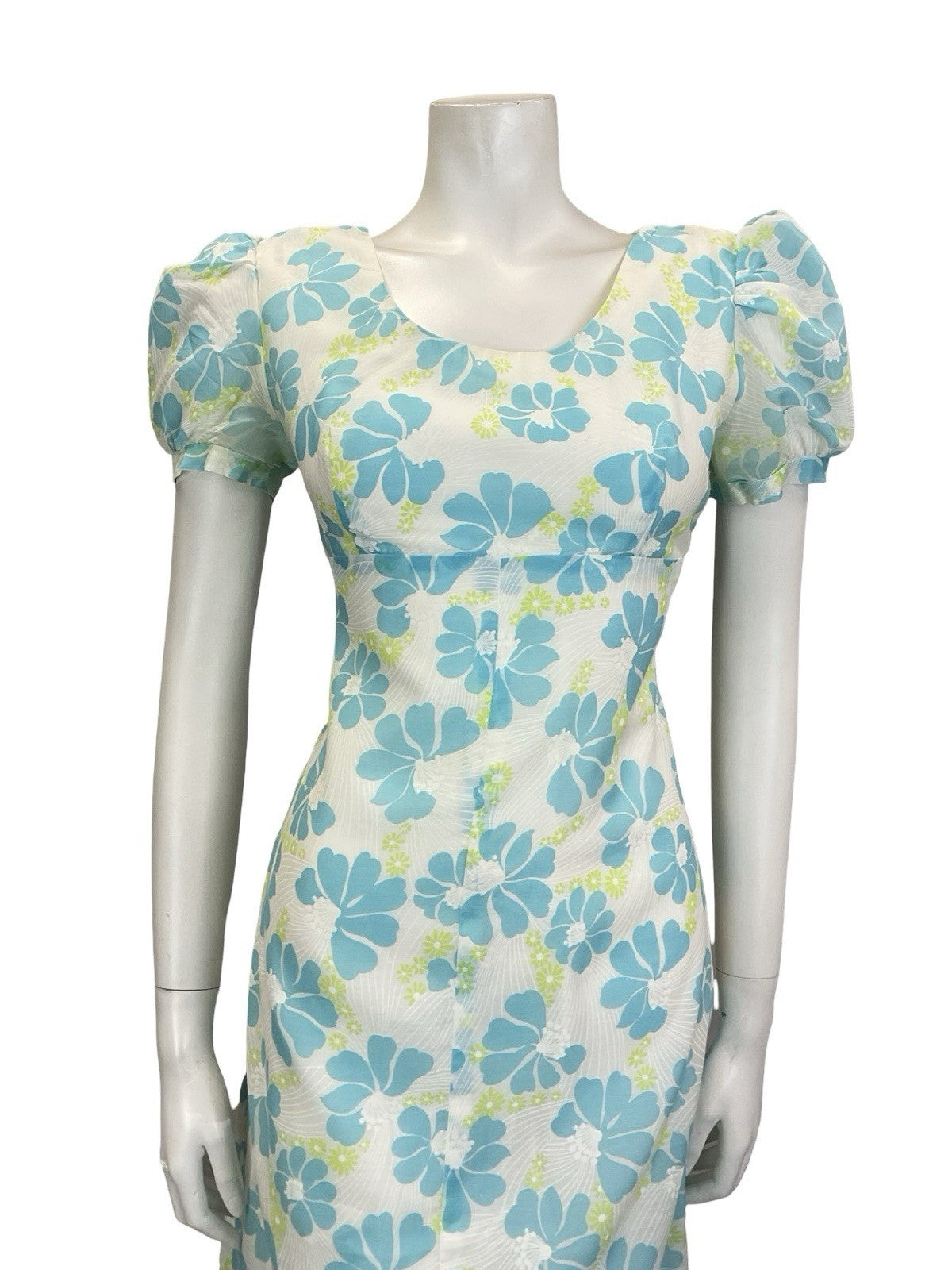 VTG 60S 70S WHITE BLUE GREEN FLORAL PUFF SLEEVE EMPIRE MESH DRESS 8