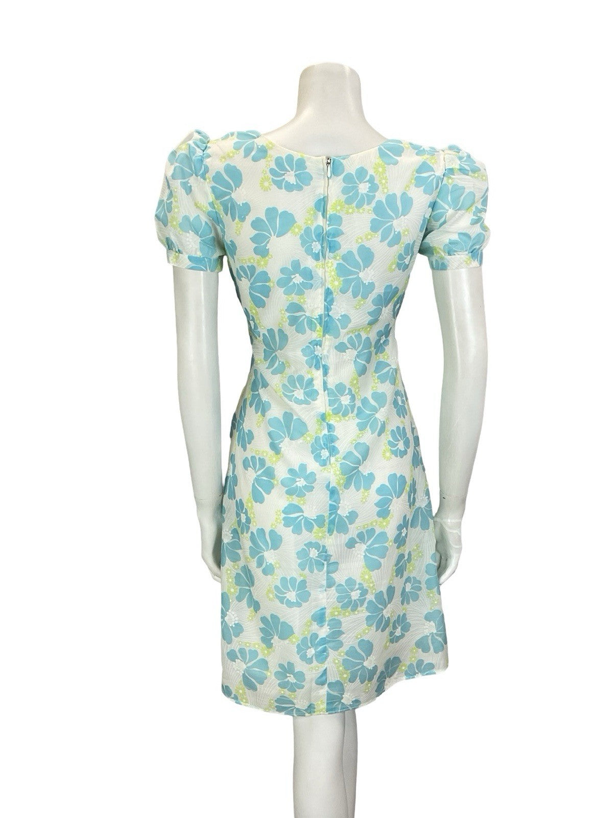 VTG 60S 70S WHITE BLUE GREEN FLORAL PUFF SLEEVE EMPIRE MESH DRESS 8