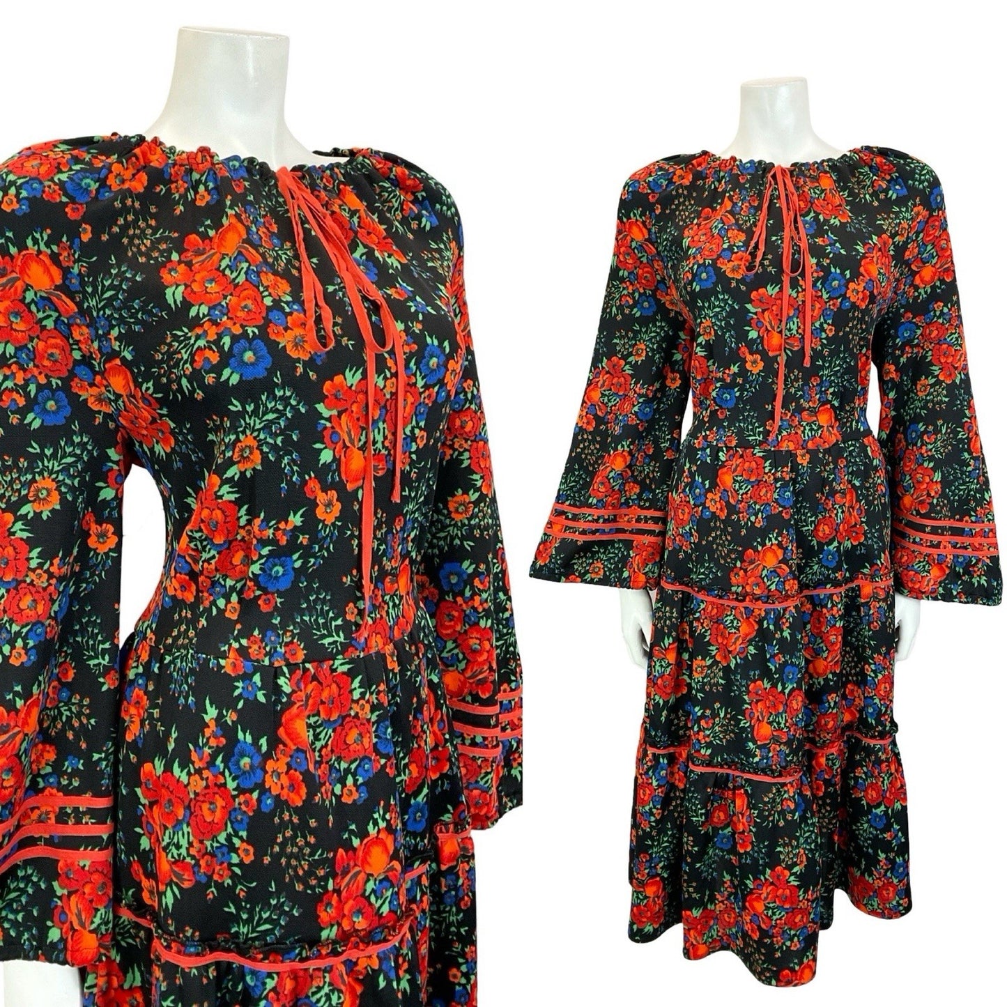VTG 60S 70S BLACK RED BLUE FLORAL FOLK BOHO BELL SLEEVE TIERED SMOCK DRESS 14