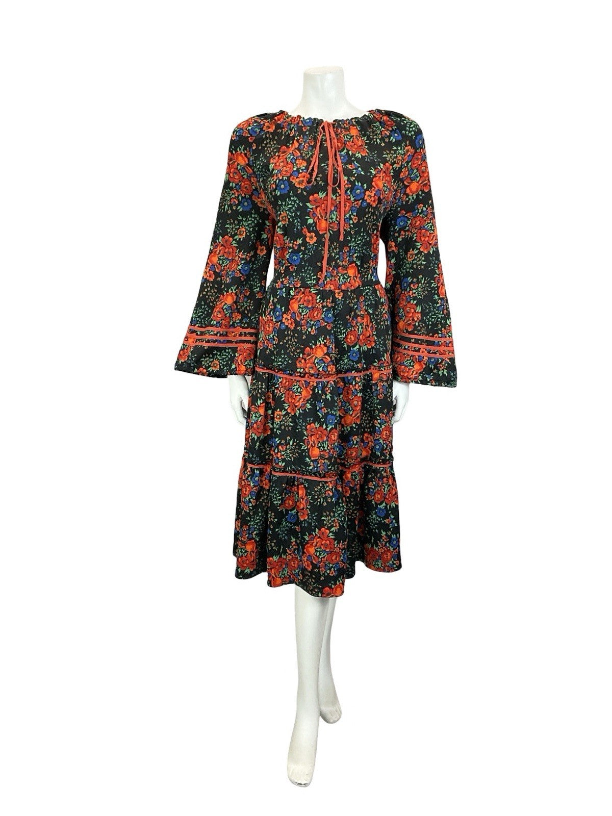 VTG 60S 70S BLACK RED BLUE FLORAL FOLK BOHO BELL SLEEVE TIERED SMOCK DRESS 14