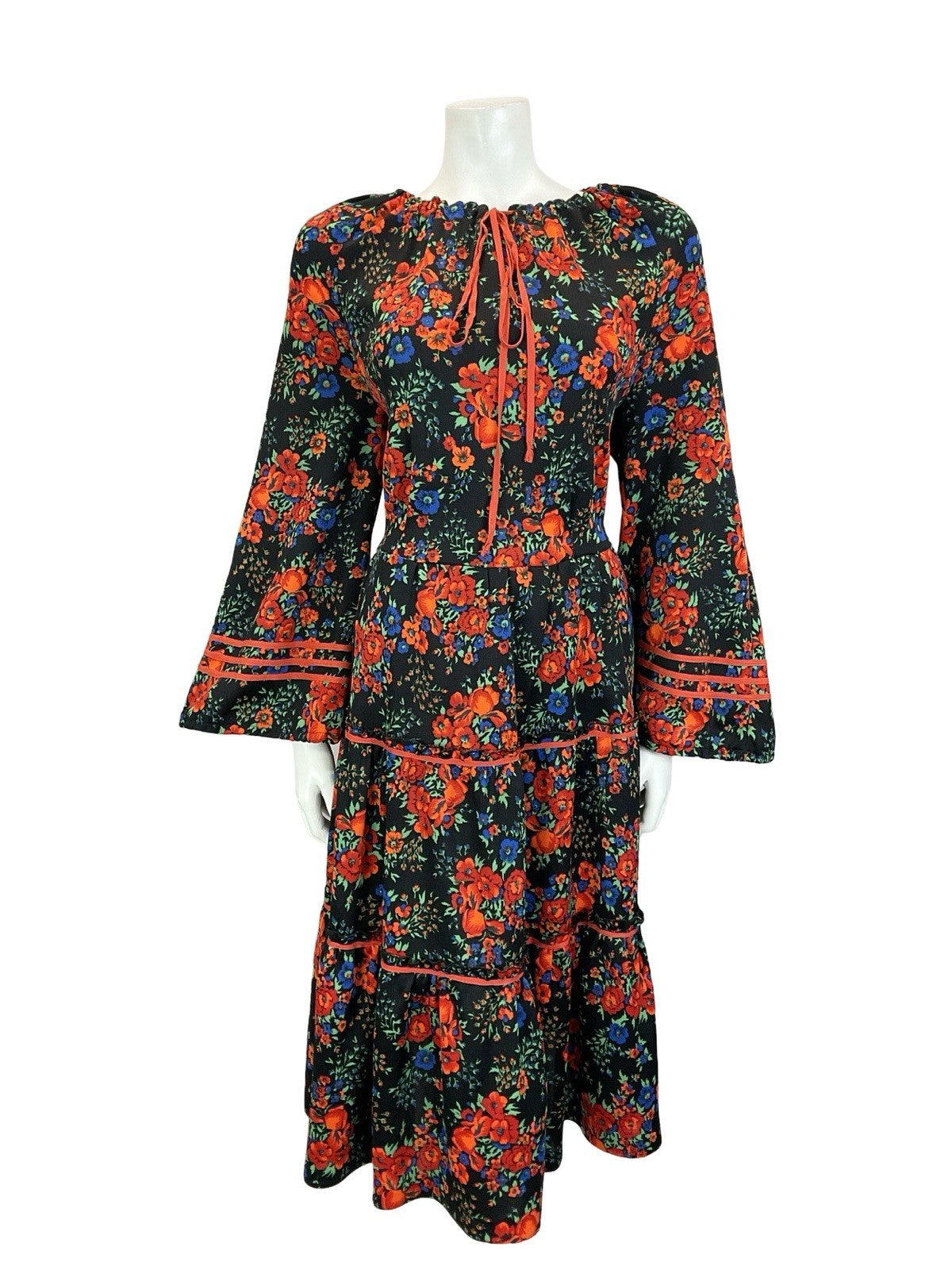 VTG 60S 70S BLACK RED BLUE FLORAL FOLK BOHO BELL SLEEVE TIERED SMOCK DRESS 14