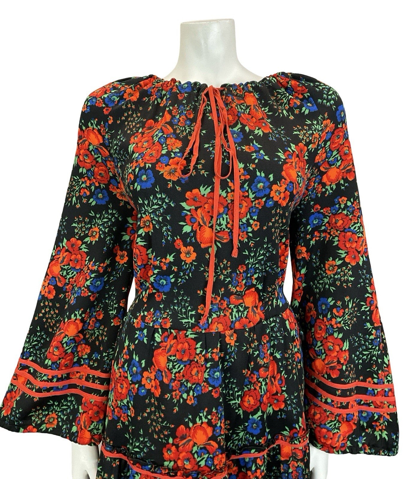 VTG 60S 70S BLACK RED BLUE FLORAL FOLK BOHO BELL SLEEVE TIERED SMOCK DRESS 14