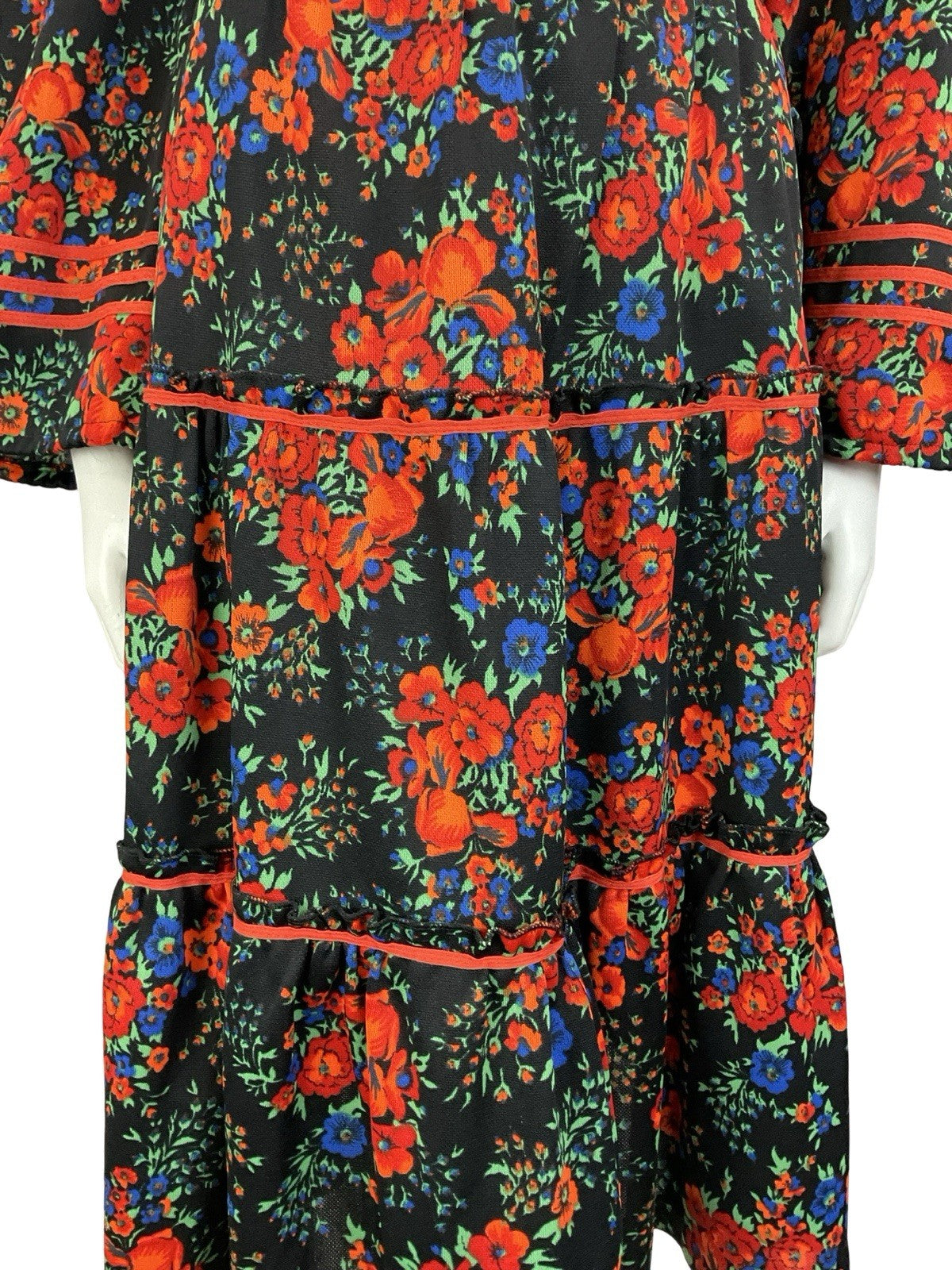 VTG 60S 70S BLACK RED BLUE FLORAL FOLK BOHO BELL SLEEVE TIERED SMOCK DRESS 14