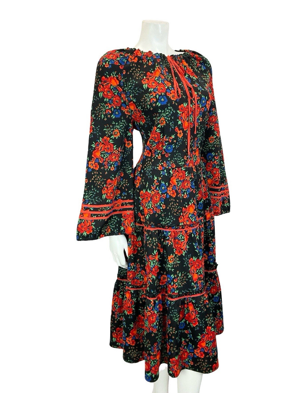 VTG 60S 70S BLACK RED BLUE FLORAL FOLK BOHO BELL SLEEVE TIERED SMOCK DRESS 14