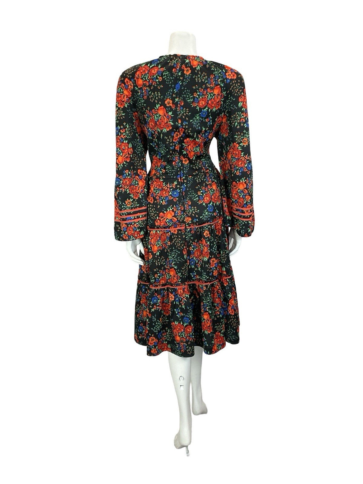 VTG 60S 70S BLACK RED BLUE FLORAL FOLK BOHO BELL SLEEVE TIERED SMOCK DRESS 14