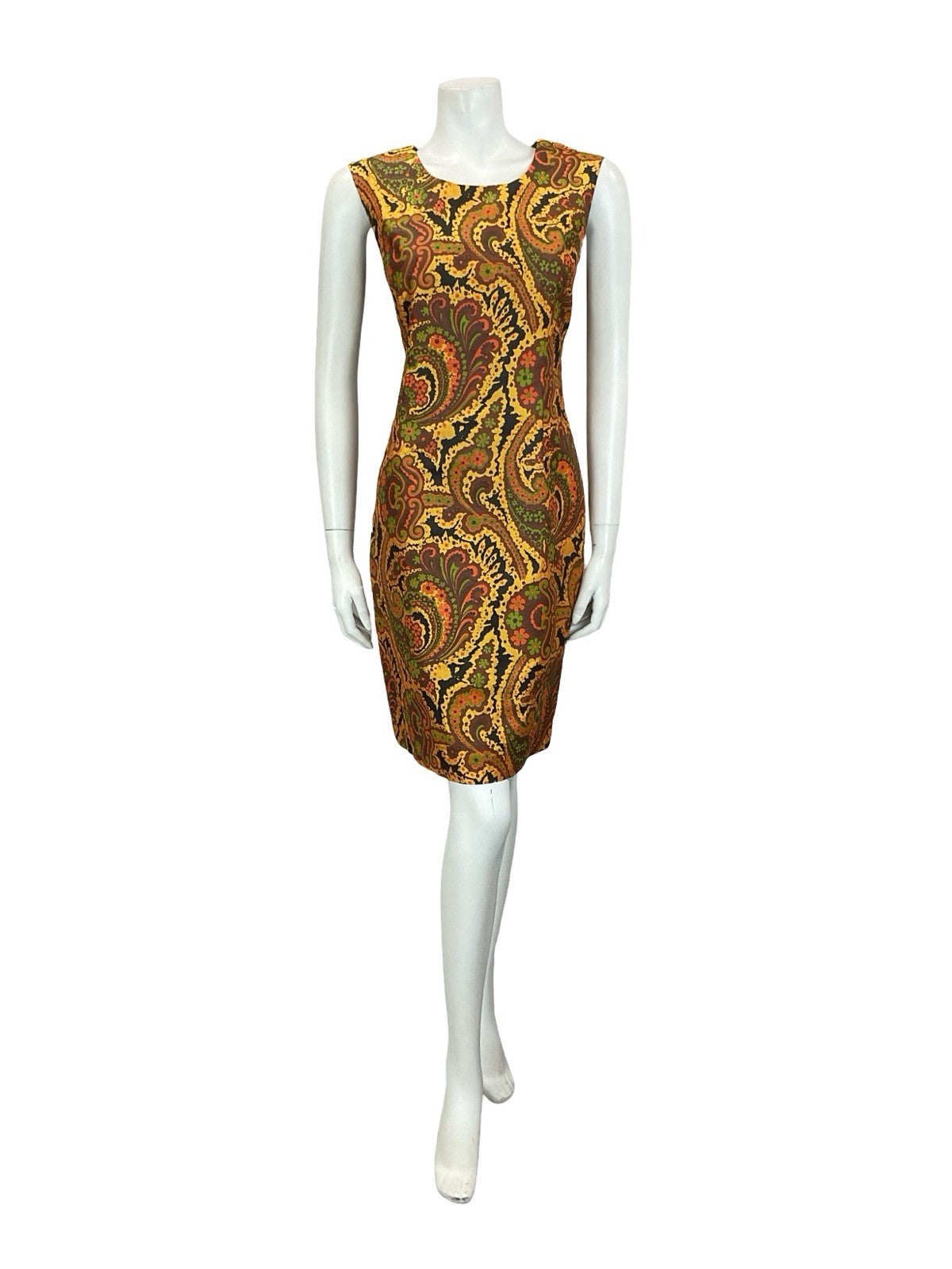 VTG 60S 70S GOLD BROWN RED GREEN PSYCHEDELIC FLORAL SWIRL SHIFT DRESS 10 12
