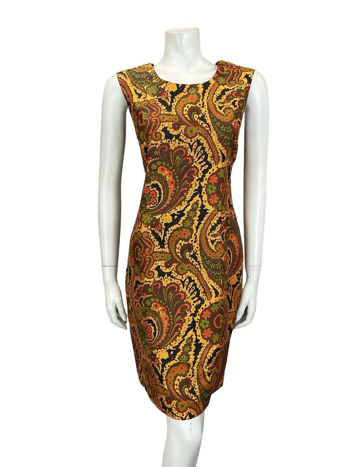 VTG 60S 70S GOLD BROWN RED GREEN PSYCHEDELIC FLORAL SWIRL SHIFT DRESS 10 12