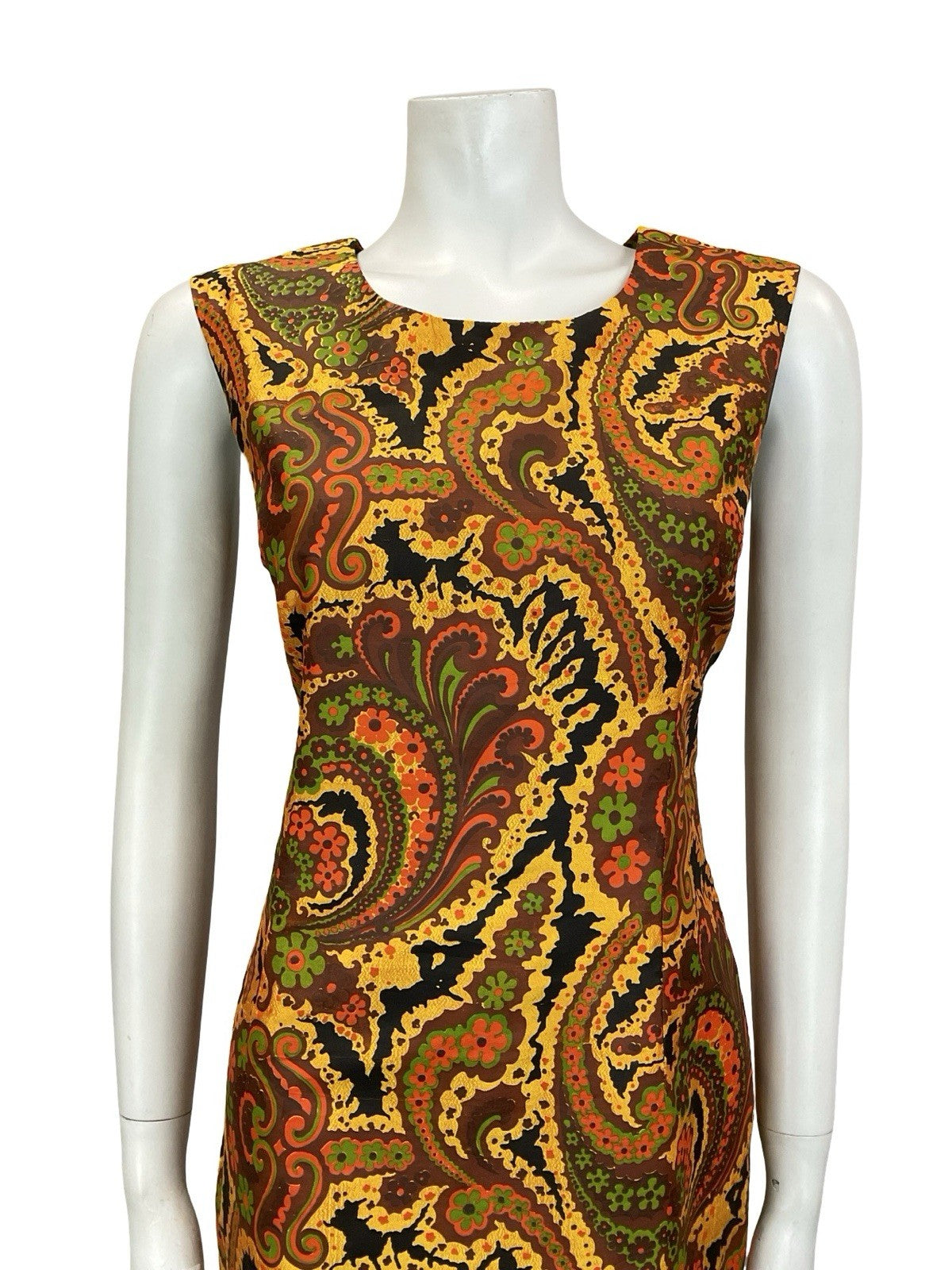 VTG 60S 70S GOLD BROWN RED GREEN PSYCHEDELIC FLORAL SWIRL SHIFT DRESS 10 12