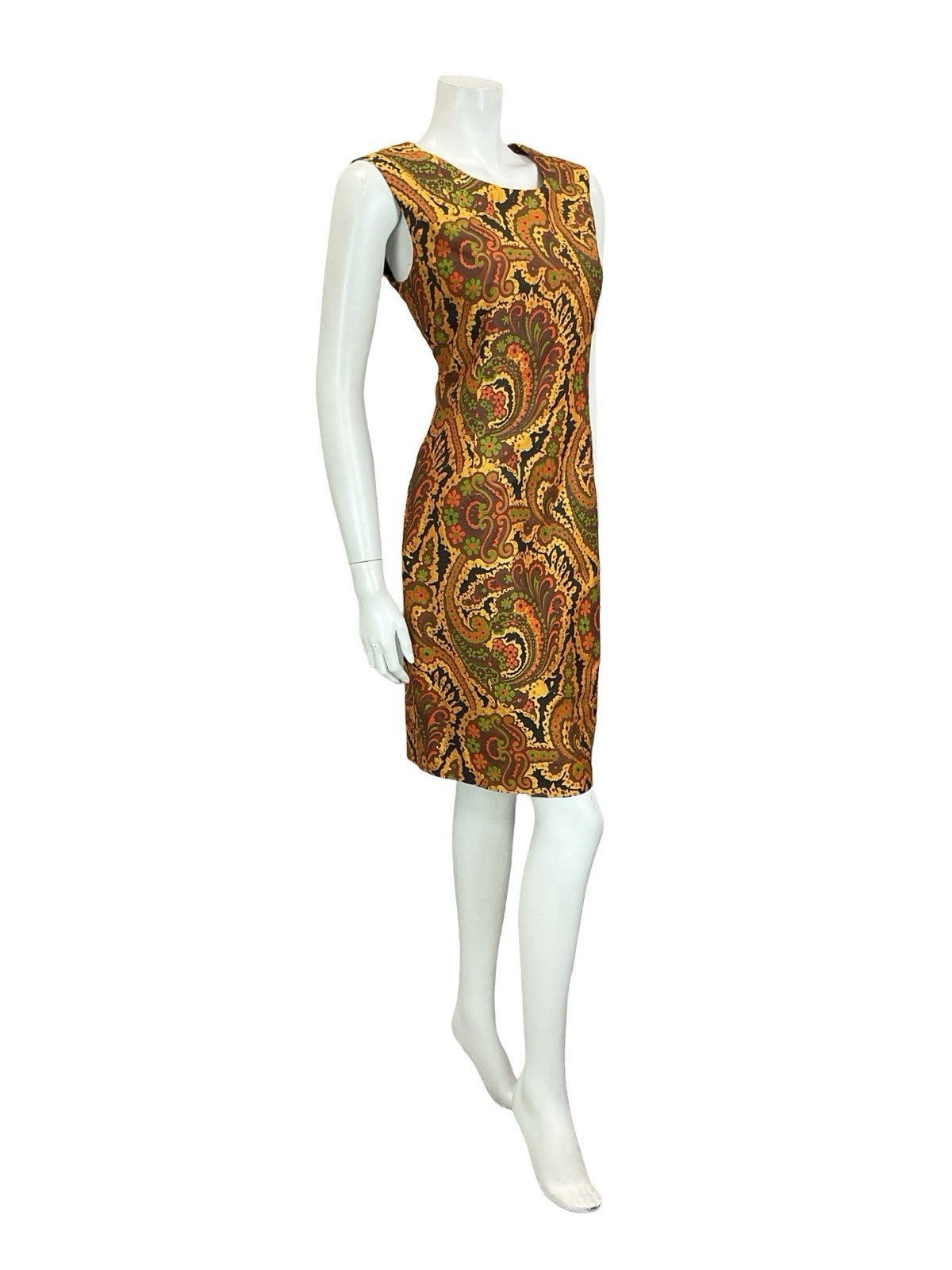 VTG 60S 70S GOLD BROWN RED GREEN PSYCHEDELIC FLORAL SWIRL SHIFT DRESS 10 12