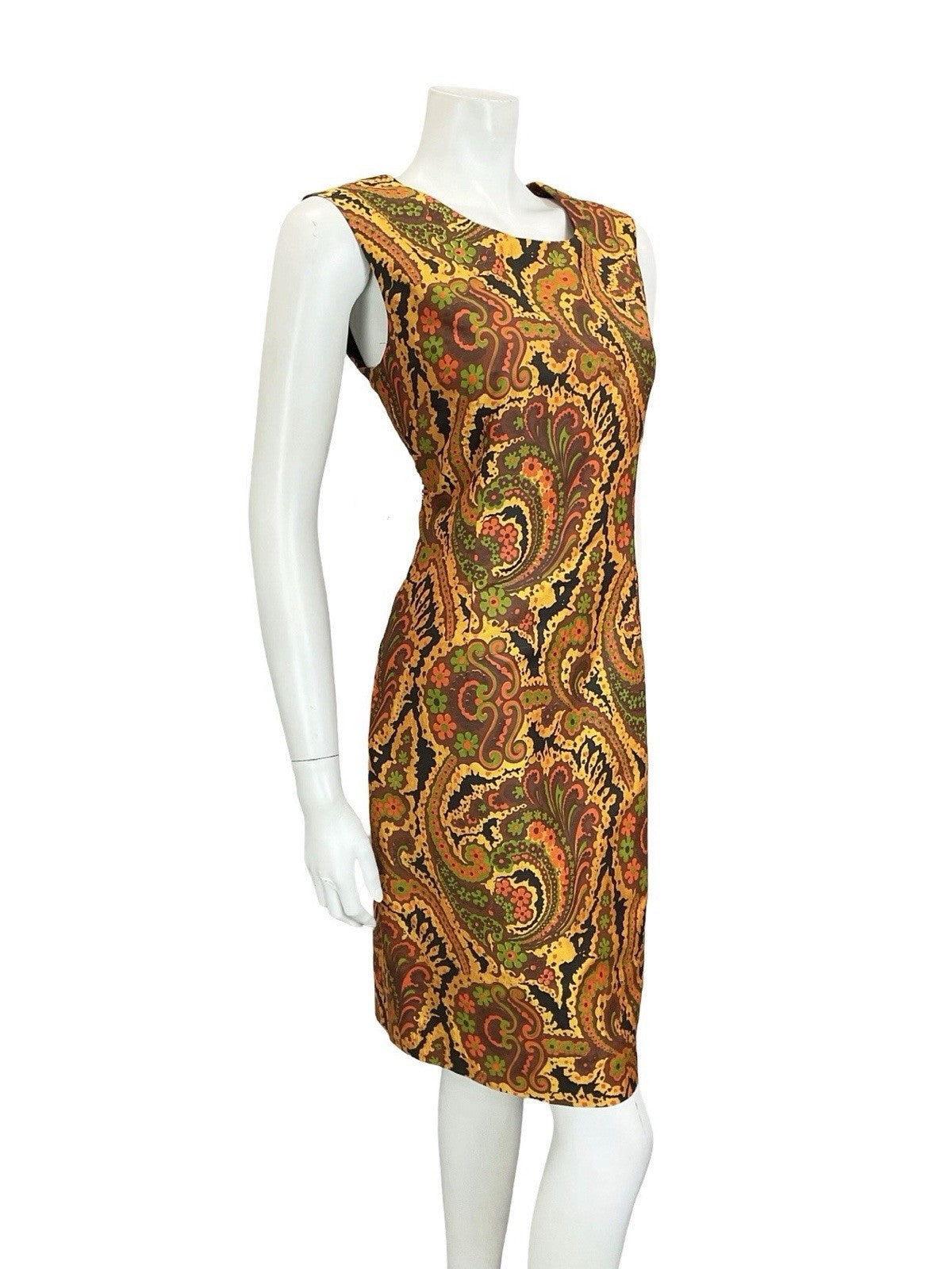 VTG 60S 70S GOLD BROWN RED GREEN PSYCHEDELIC FLORAL SWIRL SHIFT DRESS 10 12