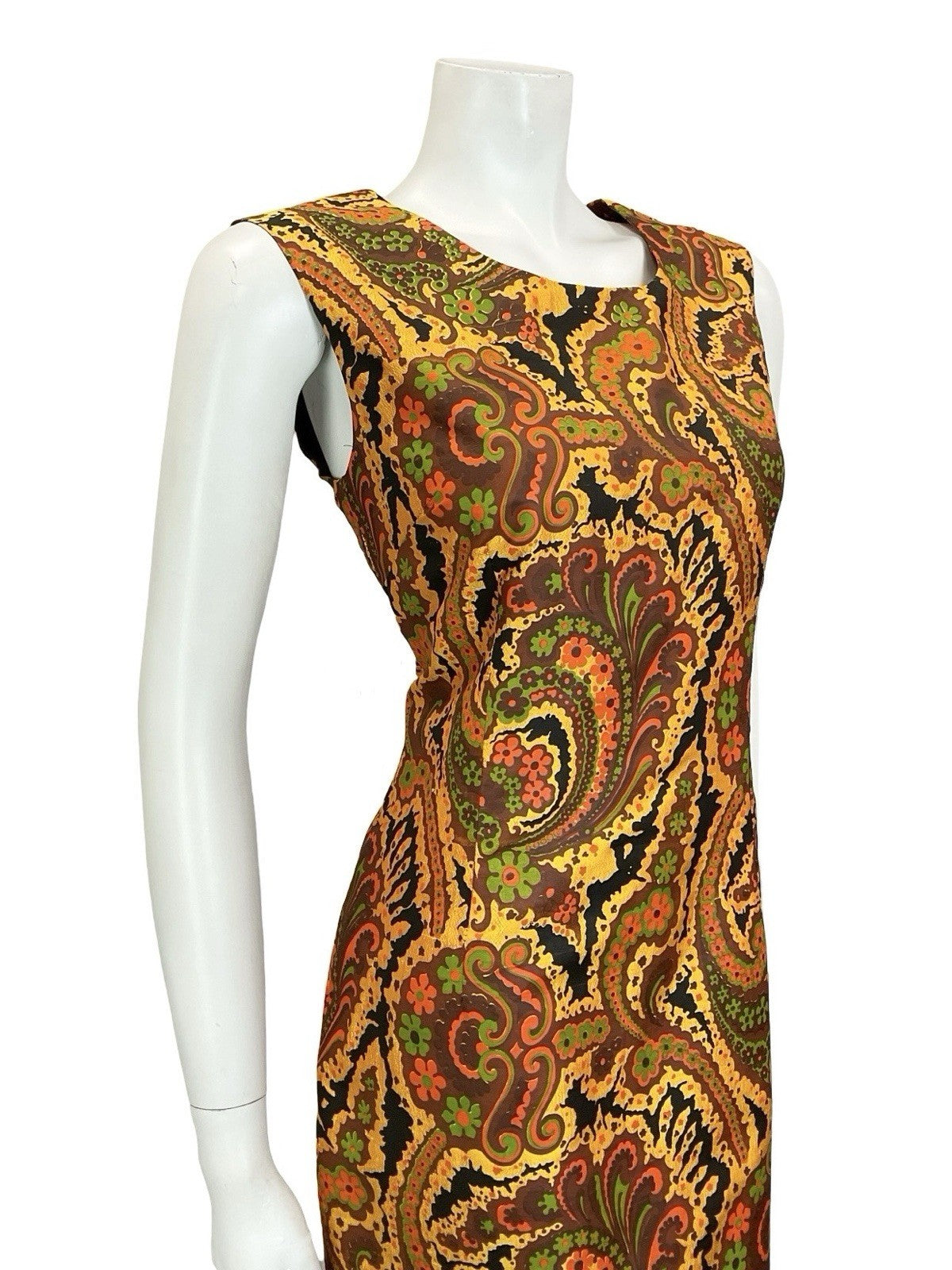 VTG 60S 70S GOLD BROWN RED GREEN PSYCHEDELIC FLORAL SWIRL SHIFT DRESS 10 12