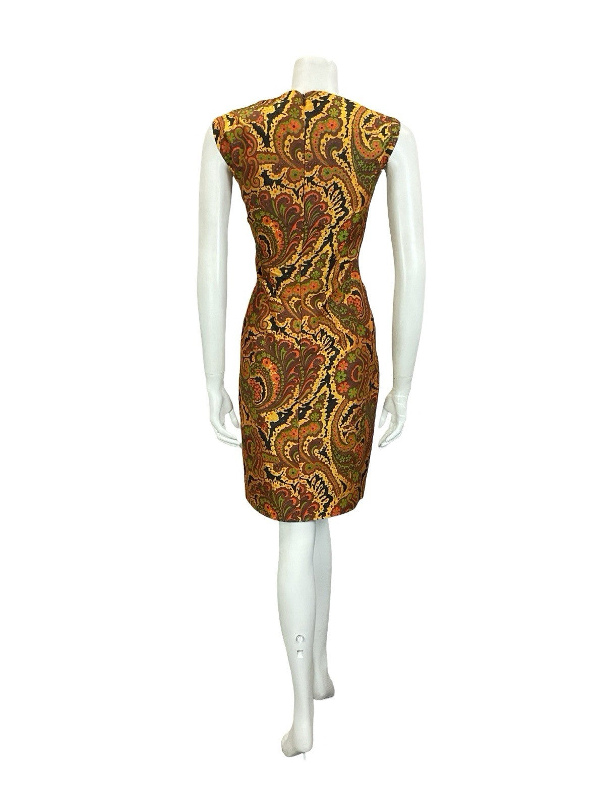 VTG 60S 70S GOLD BROWN RED GREEN PSYCHEDELIC FLORAL SWIRL SHIFT DRESS 10 12