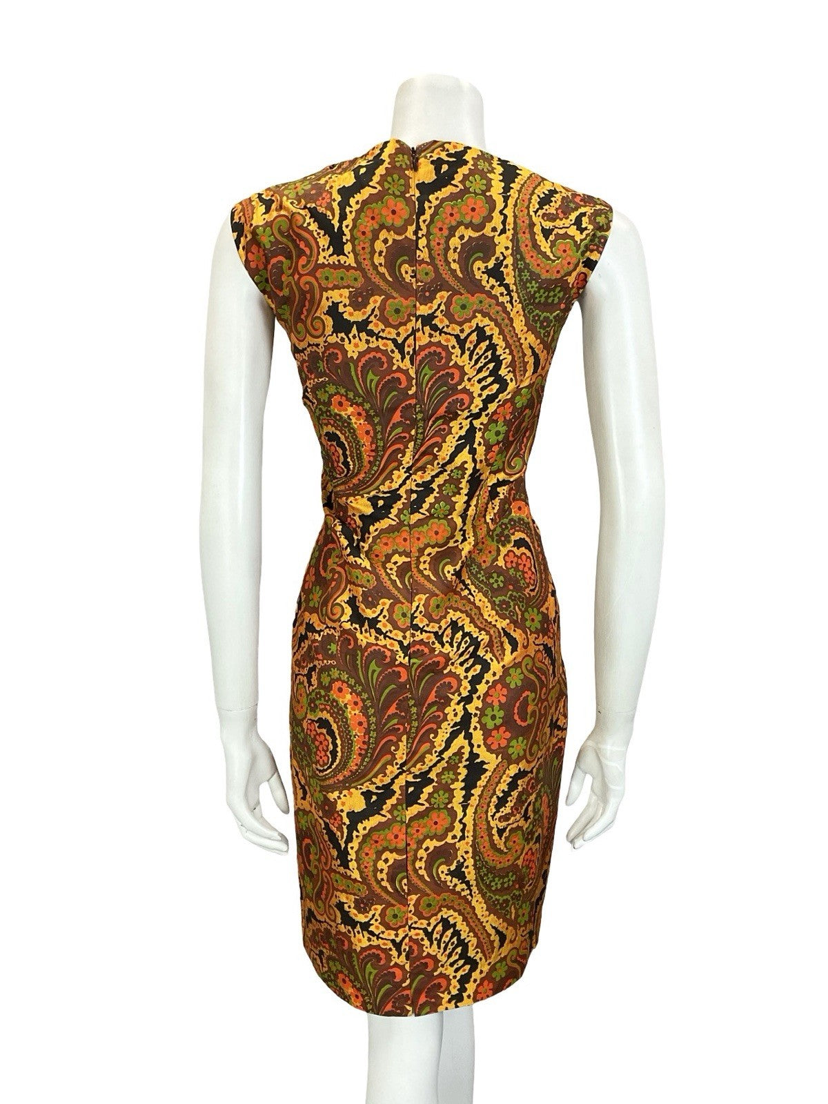 VTG 60S 70S GOLD BROWN RED GREEN PSYCHEDELIC FLORAL SWIRL SHIFT DRESS 10 12