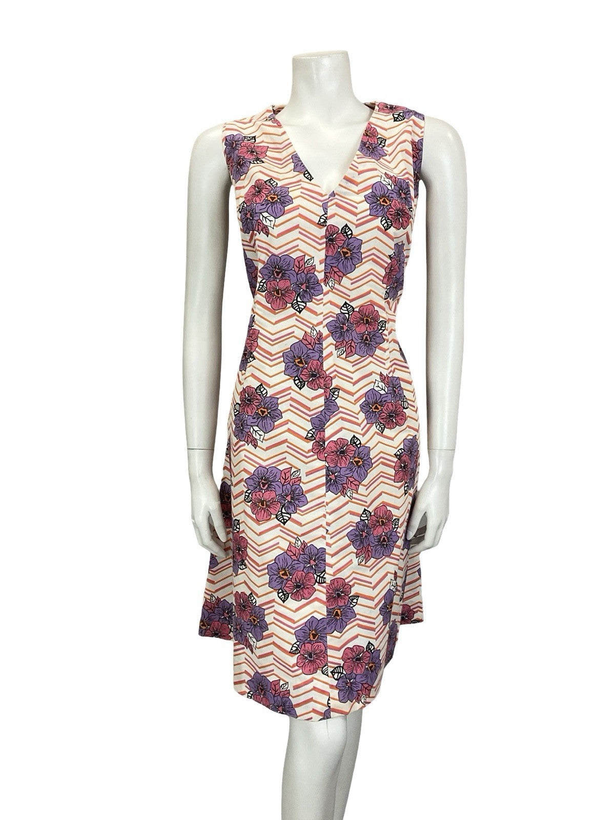 VTG 60S 70S WHITE PINK PURPLE ORANGE CHEVRON FLORAL PLUNGING V NECK DRESS 16