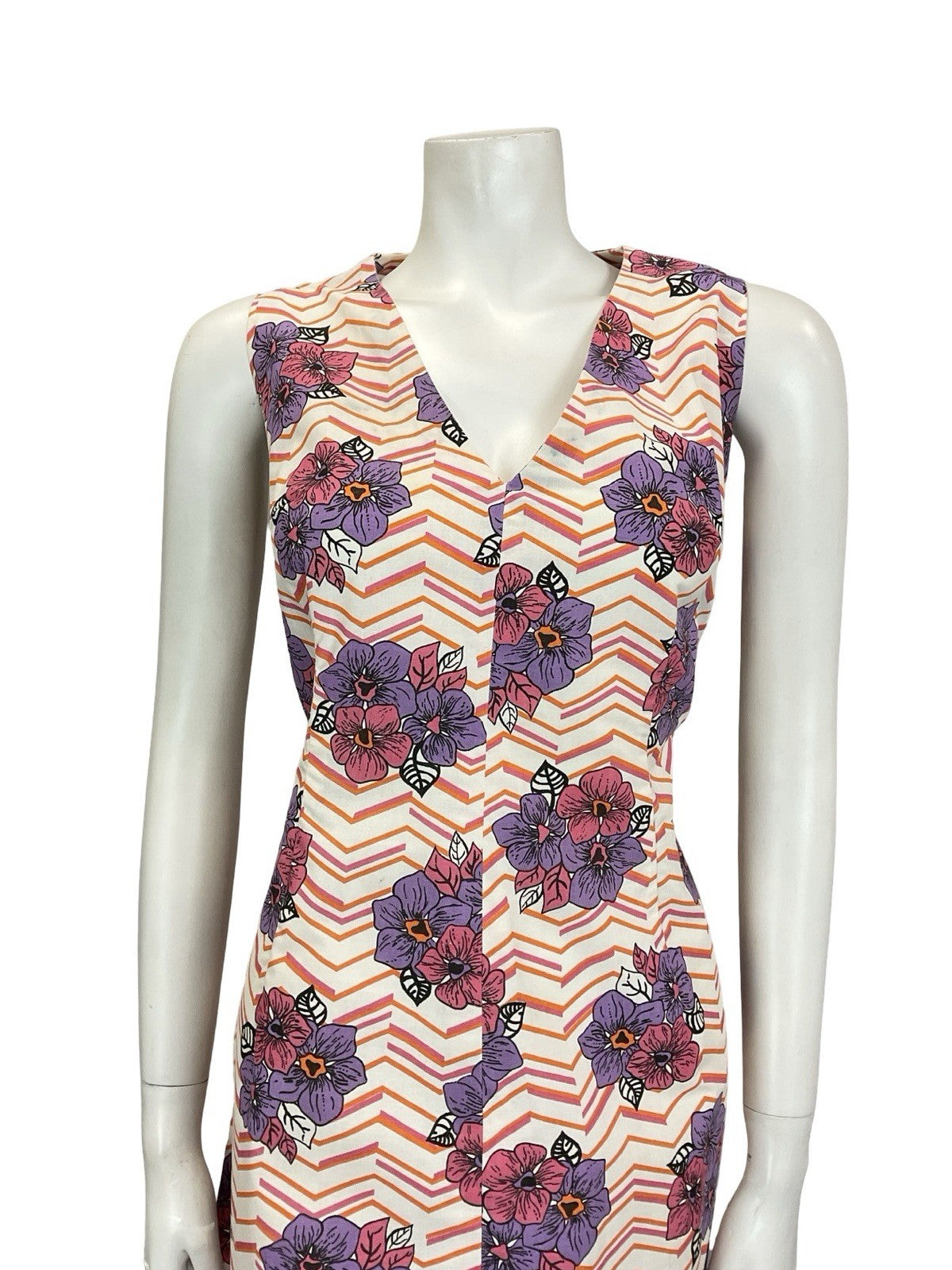 VTG 60S 70S WHITE PINK PURPLE ORANGE CHEVRON FLORAL PLUNGING V NECK DRESS 16