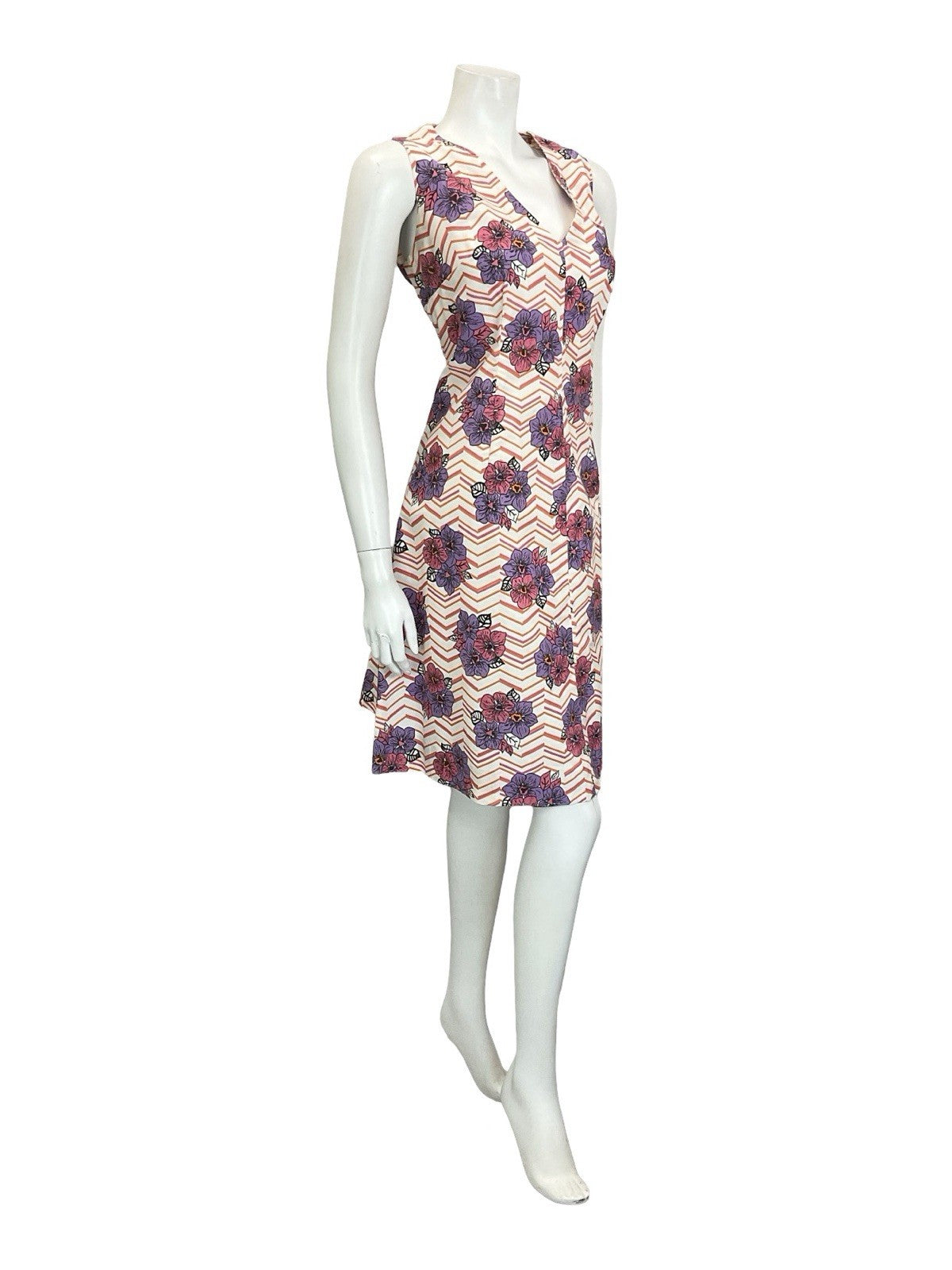 VTG 60S 70S WHITE PINK PURPLE ORANGE CHEVRON FLORAL PLUNGING V NECK DRESS 16