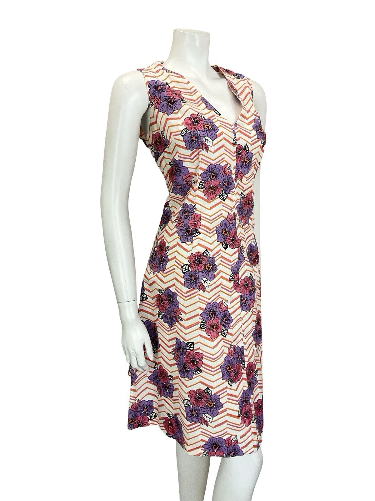 VTG 60S 70S WHITE PINK PURPLE ORANGE CHEVRON FLORAL PLUNGING V NECK DRESS 16