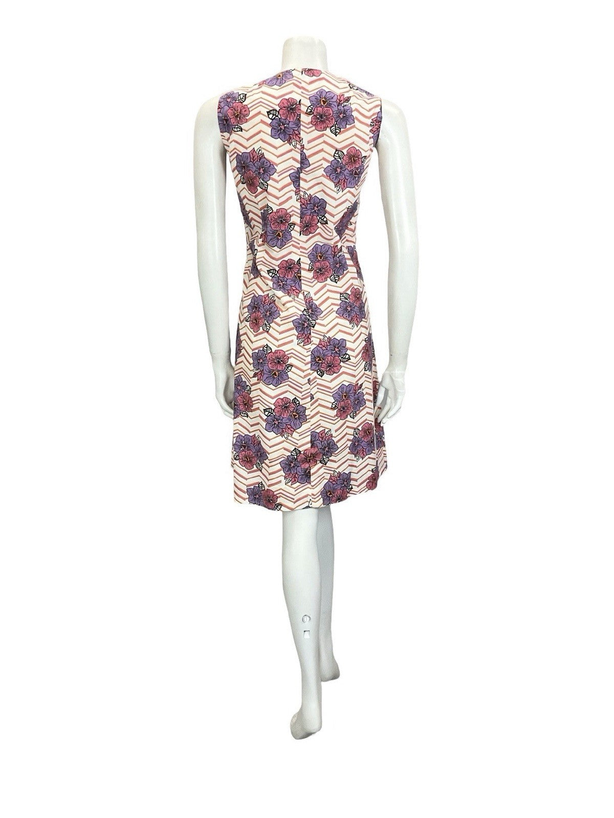 VTG 60S 70S WHITE PINK PURPLE ORANGE CHEVRON FLORAL PLUNGING V NECK DRESS 16