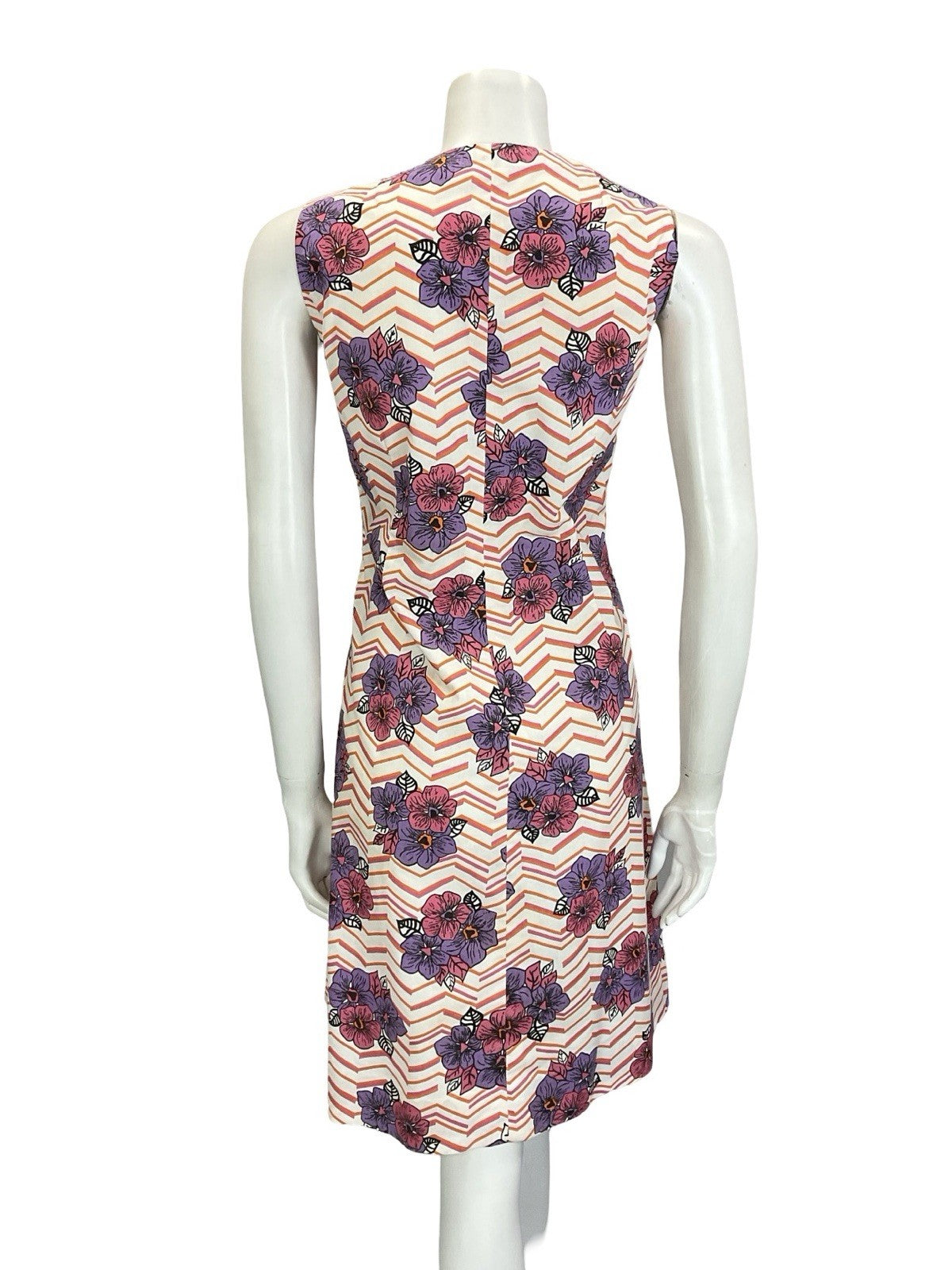 VTG 60S 70S WHITE PINK PURPLE ORANGE CHEVRON FLORAL PLUNGING V NECK DRESS 16