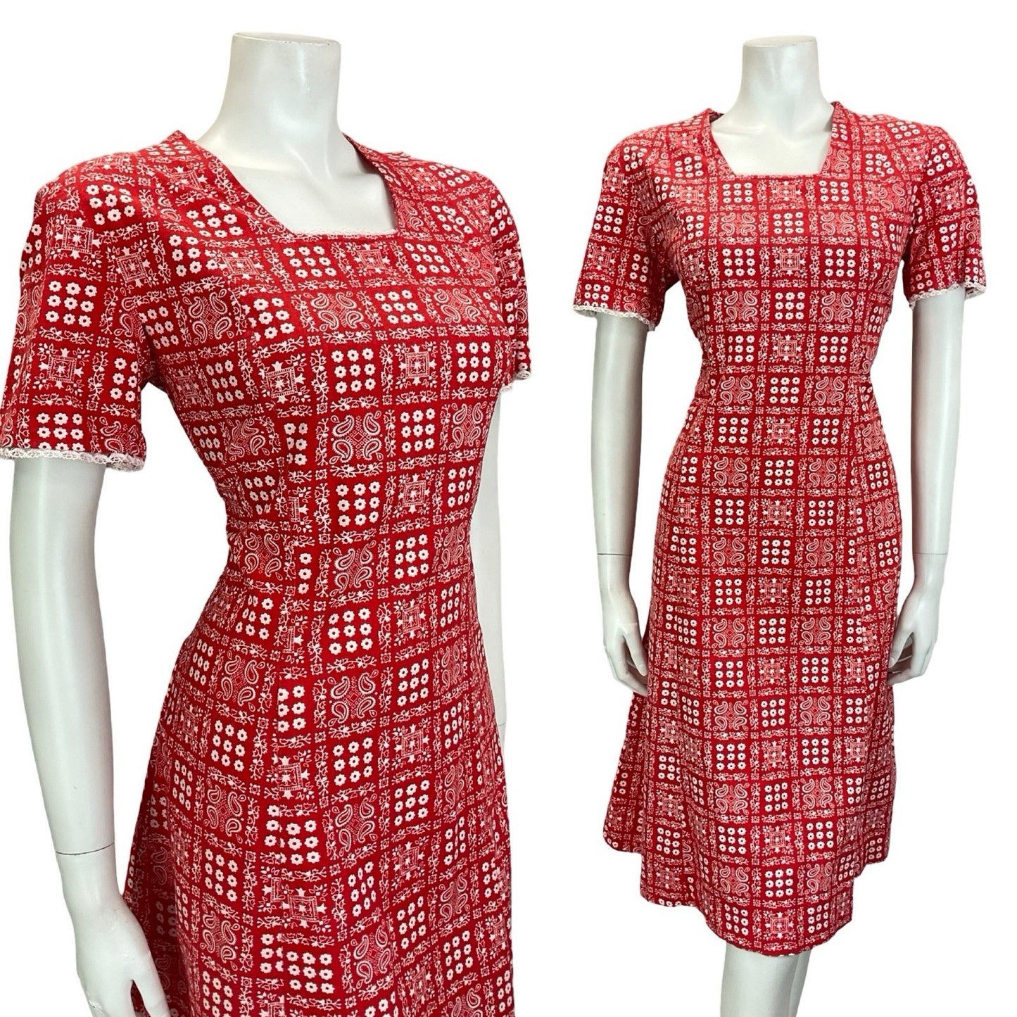VTG 60S 70S RED WHITE TILED PAISLEY FLORAL COTTAGE PRAIRIE LACE DRESS 14 16