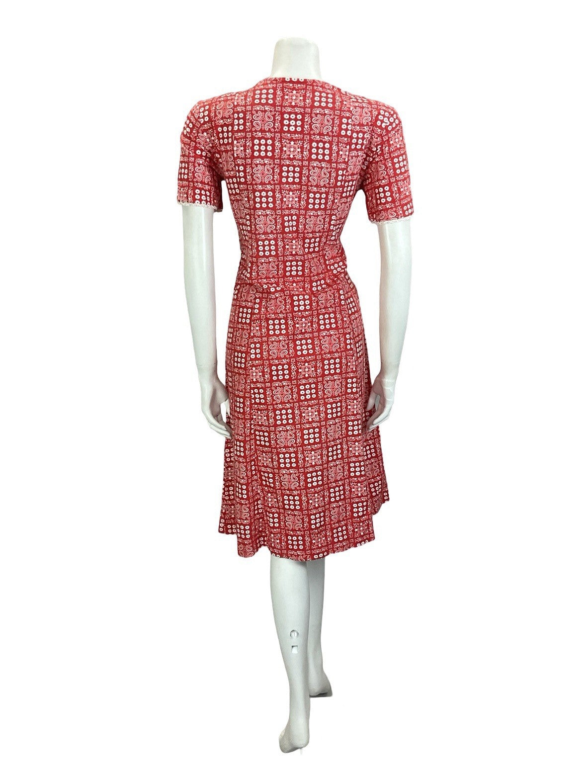 VTG 60S 70S RED WHITE TILED PAISLEY FLORAL COTTAGE PRAIRIE LACE DRESS 14 16