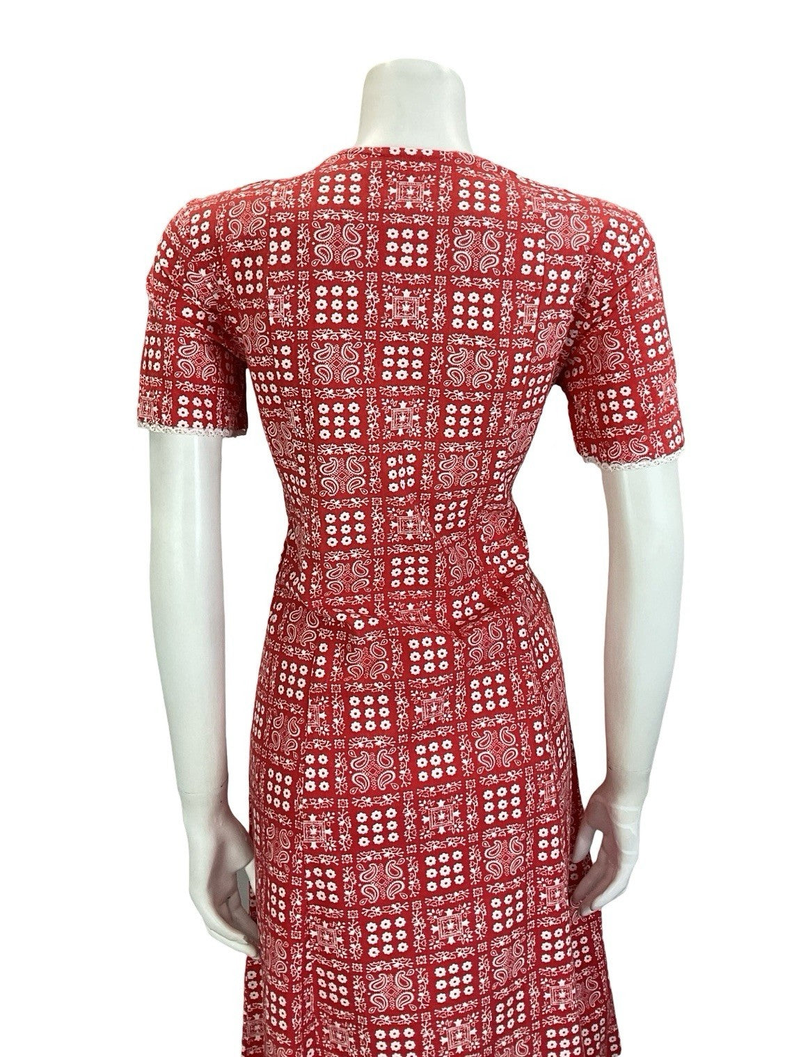 VTG 60S 70S RED WHITE TILED PAISLEY FLORAL COTTAGE PRAIRIE LACE DRESS 14 16
