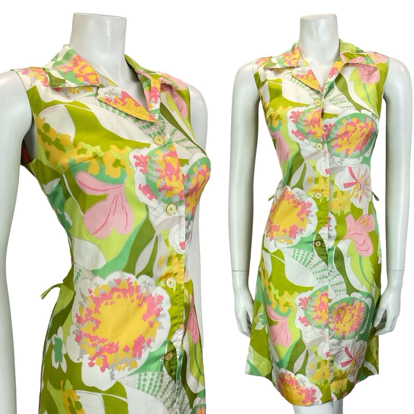 VTG 60S 70S GREEN PINK WHITE ABSTRACT FLORAL JOHNNY COLLAR SHIRT DRESS 10
