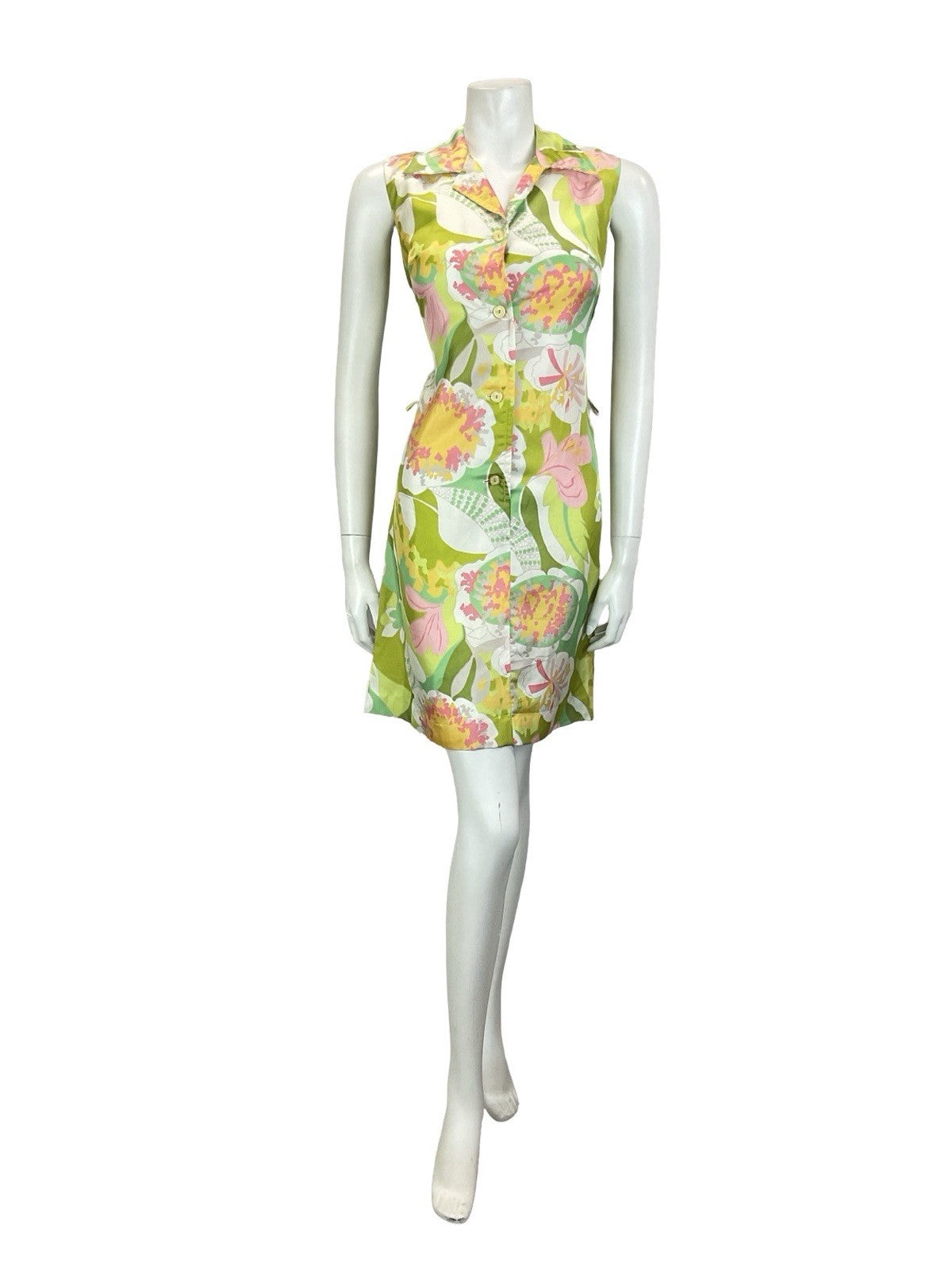 VTG 60S 70S GREEN PINK WHITE ABSTRACT FLORAL JOHNNY COLLAR SHIRT DRESS 10