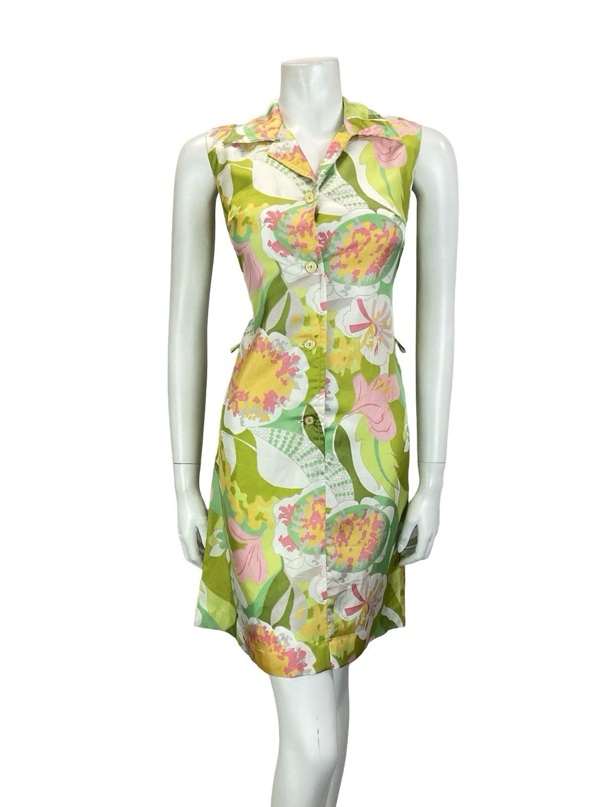 VTG 60S 70S GREEN PINK WHITE ABSTRACT FLORAL JOHNNY COLLAR SHIRT DRESS 10