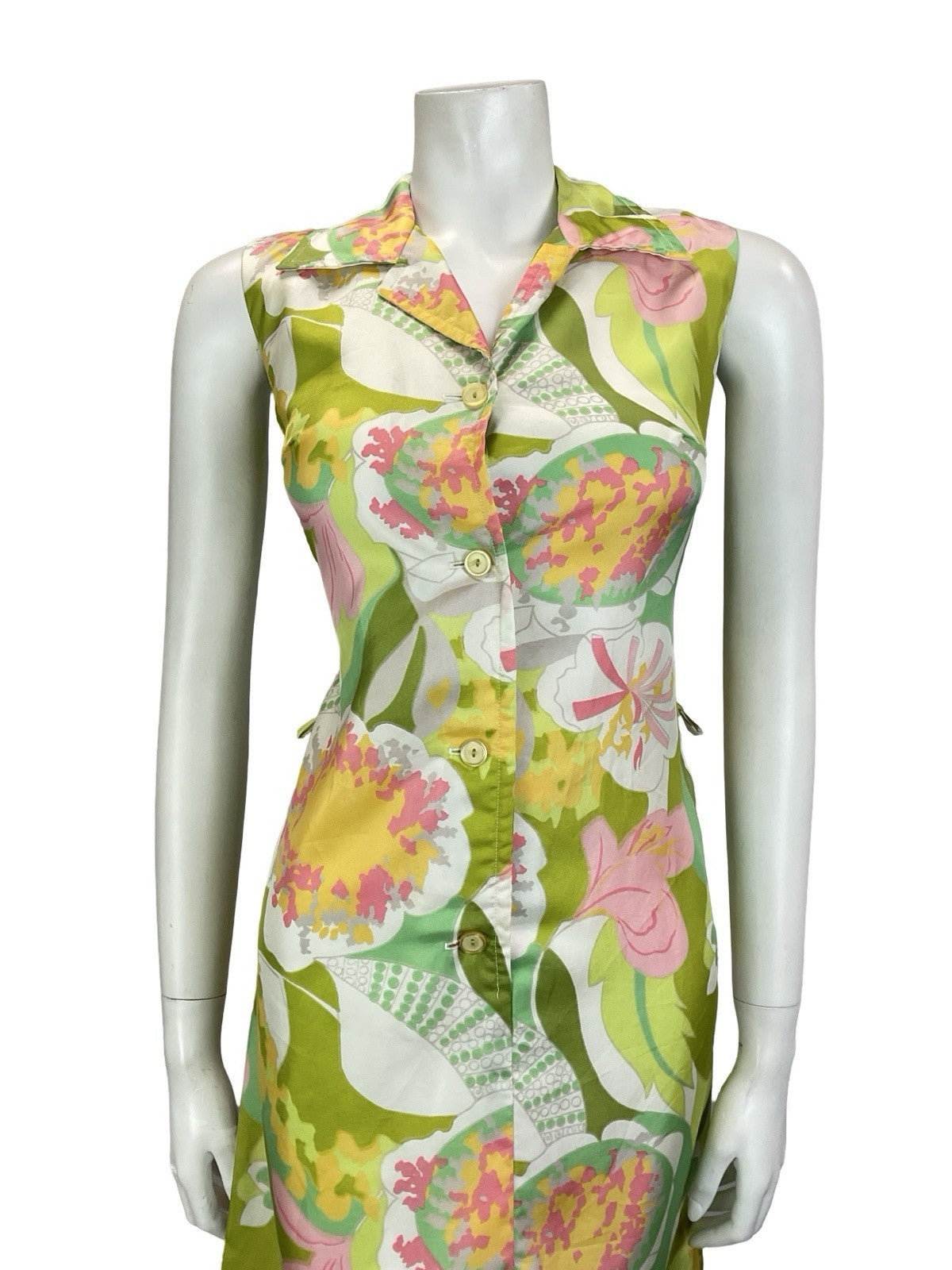 VTG 60S 70S GREEN PINK WHITE ABSTRACT FLORAL JOHNNY COLLAR SHIRT DRESS 10