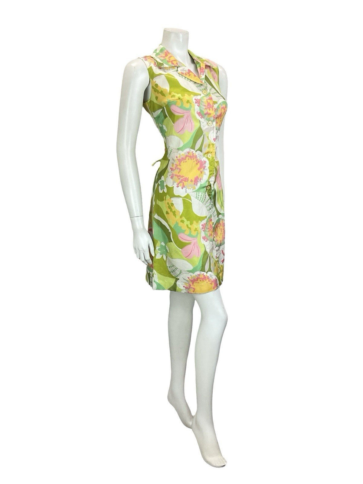 VTG 60S 70S GREEN PINK WHITE ABSTRACT FLORAL JOHNNY COLLAR SHIRT DRESS 10
