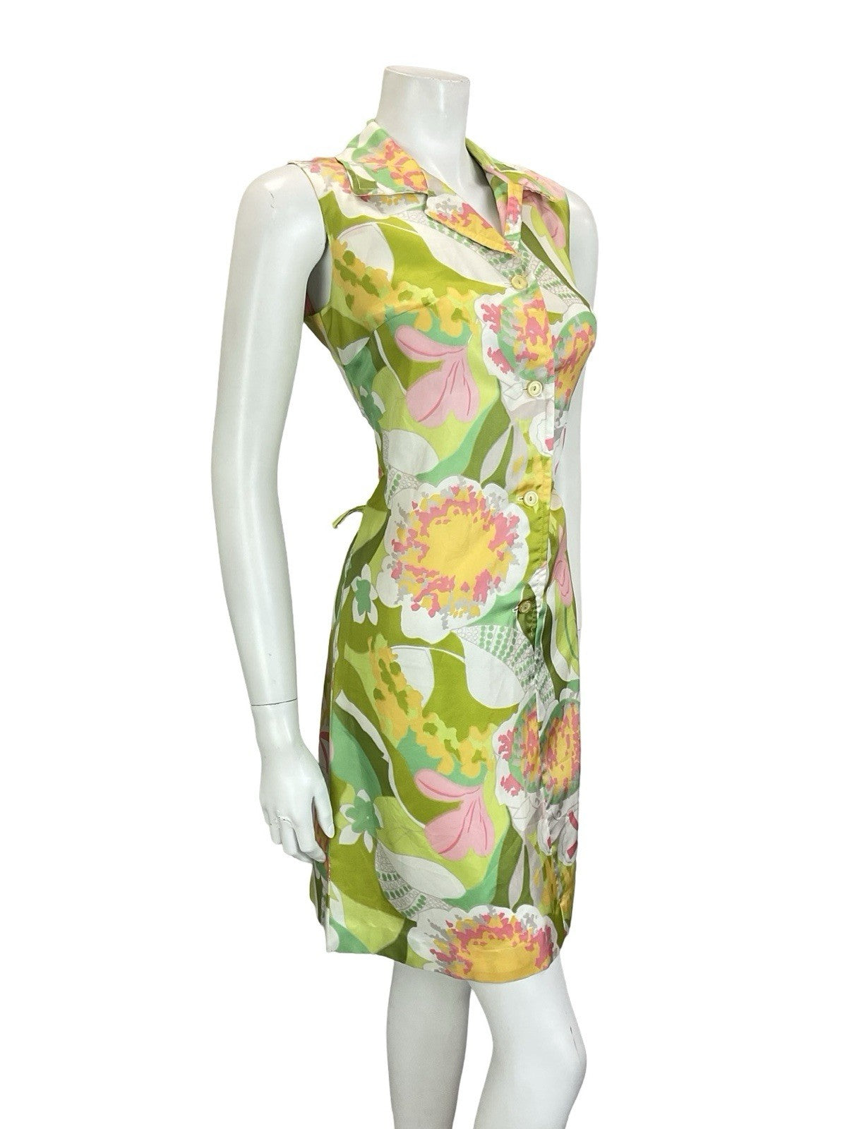 VTG 60S 70S GREEN PINK WHITE ABSTRACT FLORAL JOHNNY COLLAR SHIRT DRESS 10