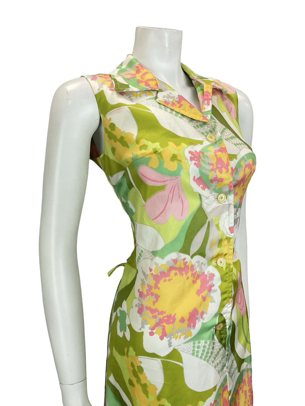 VTG 60S 70S GREEN PINK WHITE ABSTRACT FLORAL JOHNNY COLLAR SHIRT DRESS 10