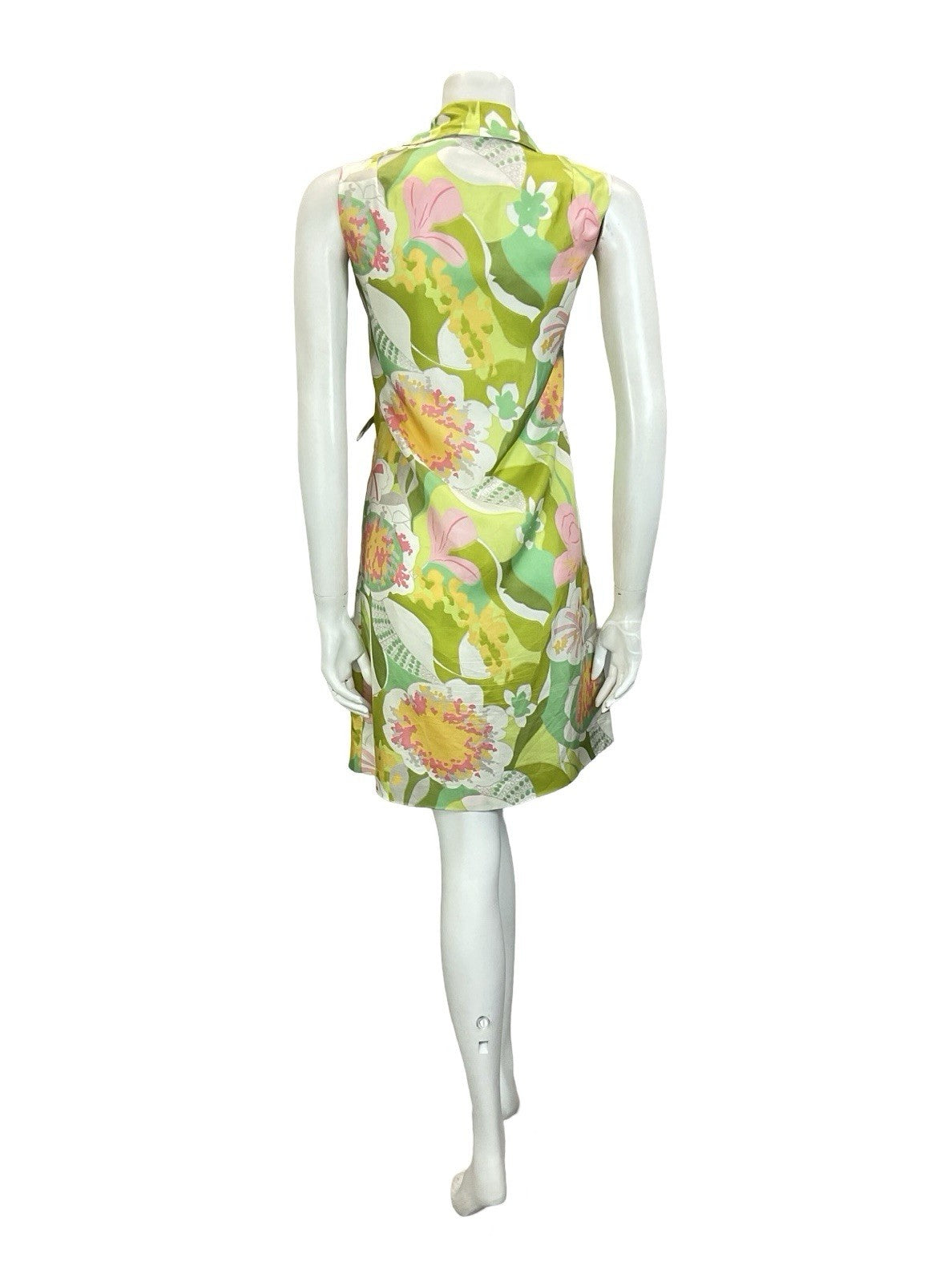 VTG 60S 70S GREEN PINK WHITE ABSTRACT FLORAL JOHNNY COLLAR SHIRT DRESS 10